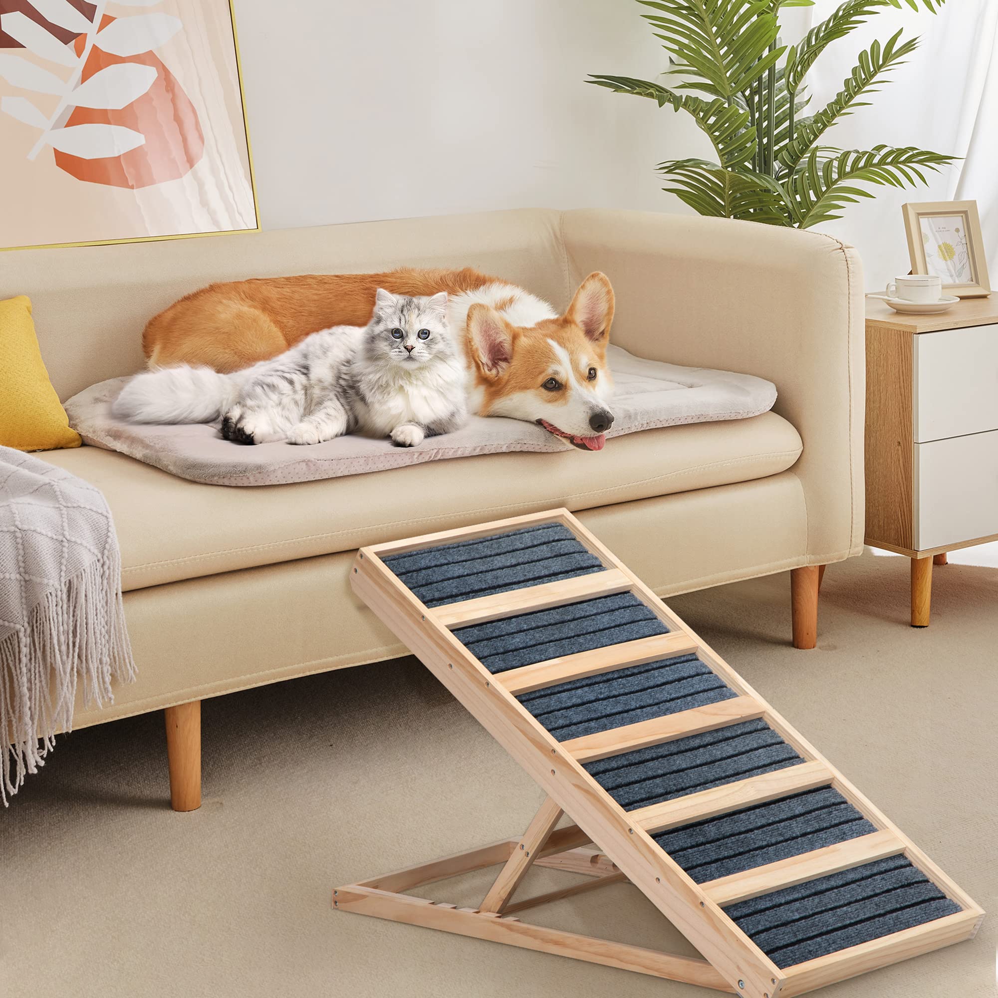 Folding Dog Ramp for Bed,Adjustable Dog Ramp of 4 Height from 16 to 24 with Anti-Slip Strips,Wooden Portable Pet Ramp for Car,Co