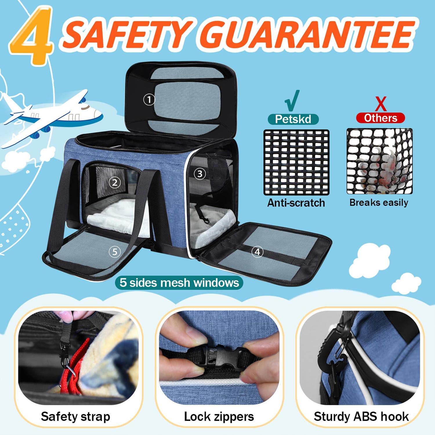 Petskd Top-Expandable Pet Carrier 17X11X9.5 Inches Alaska Airline Approved, Soft-Sided Carrier For Small Cats And Dogs With Lock