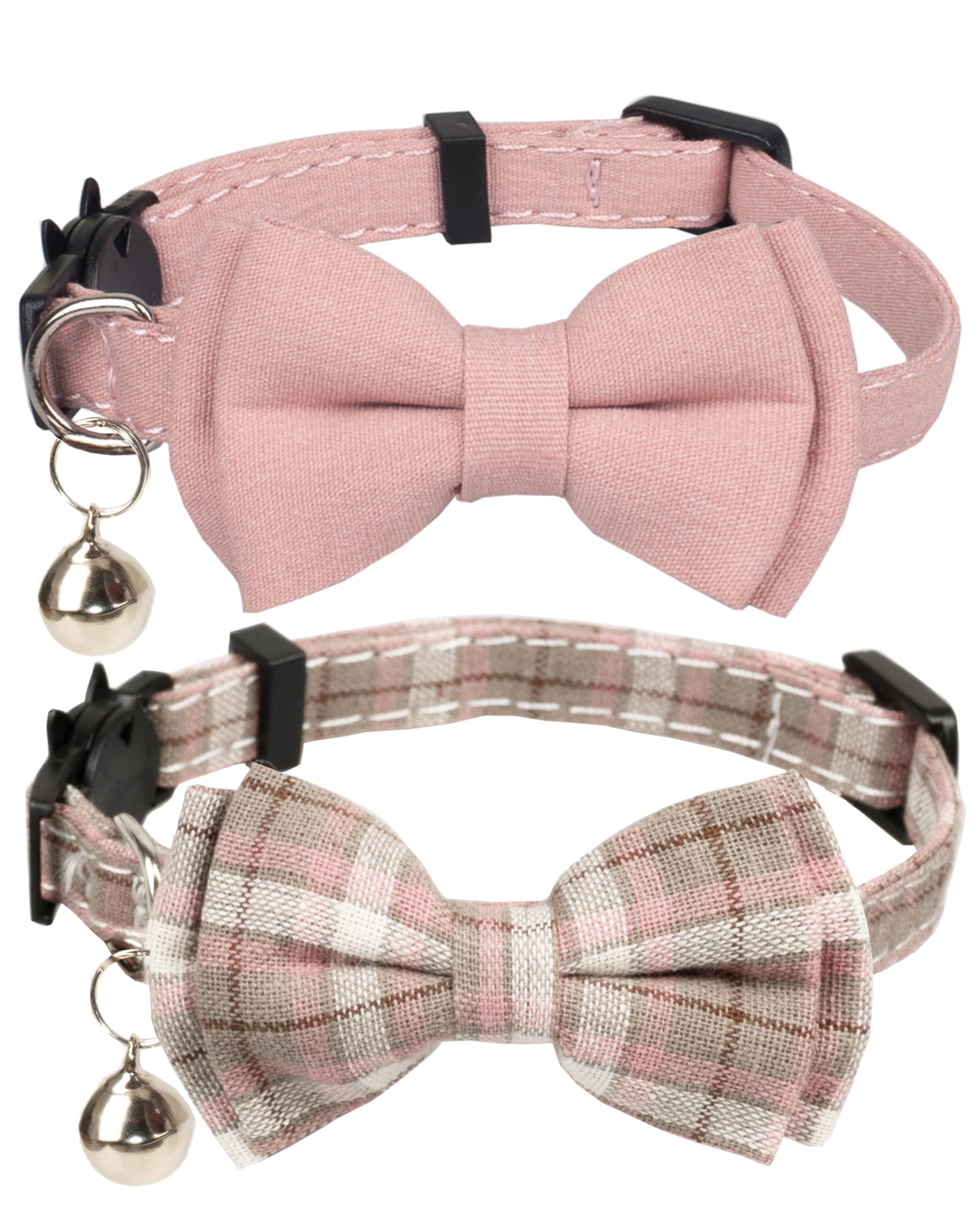 Gyapet Cat Collar Breakaway Bowtie Safety With Bell Adjustbale Kitten Puppy Solid Plaid Color Set D-[2Pcs] Pink-2
