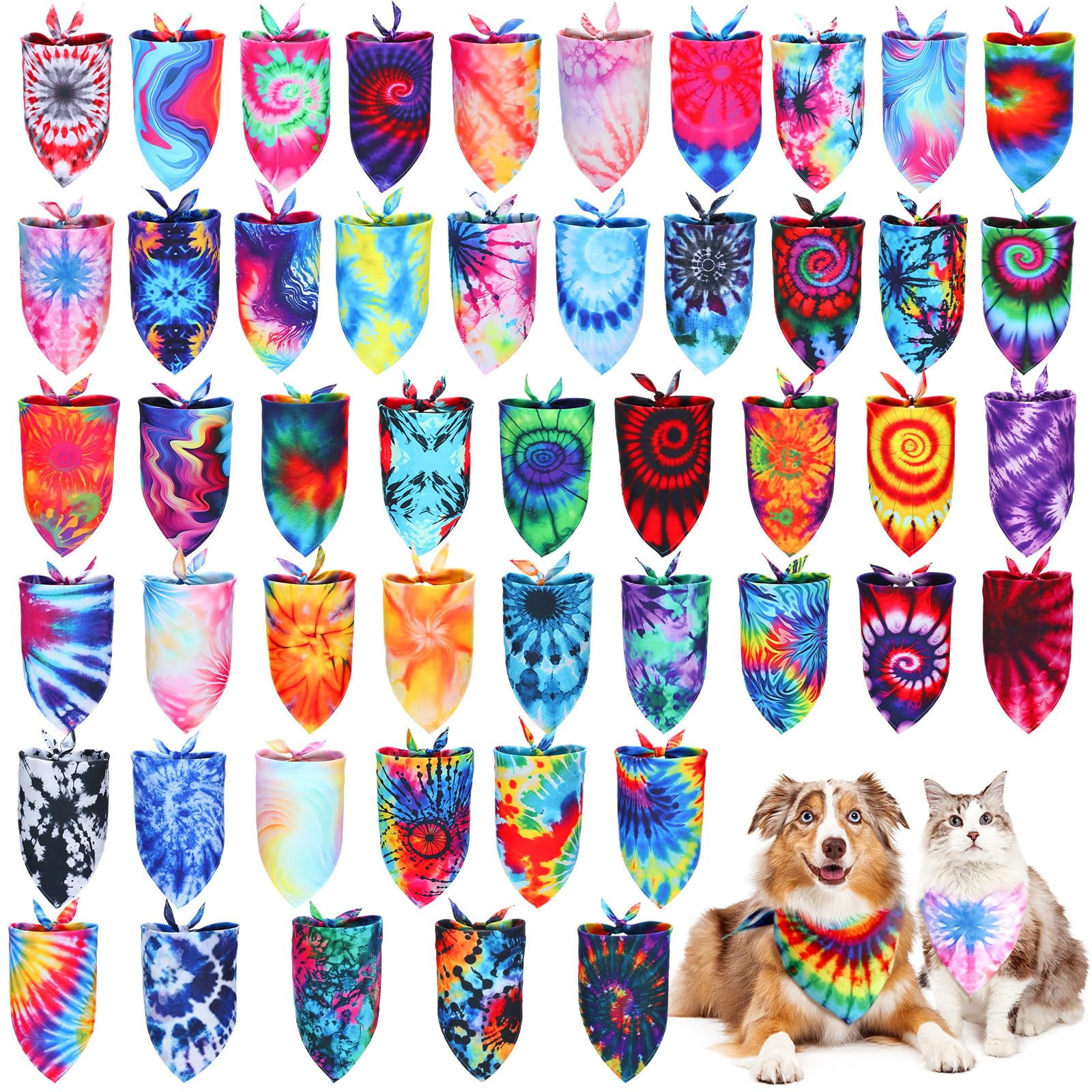 Huhumy 50 Pcs Tie Dye Dog Bandanas Bulk Tie Dye XL Pet Bibs Colorful Triangle Scarf Pet Bandanas for Medium Large Dogs Holiday S