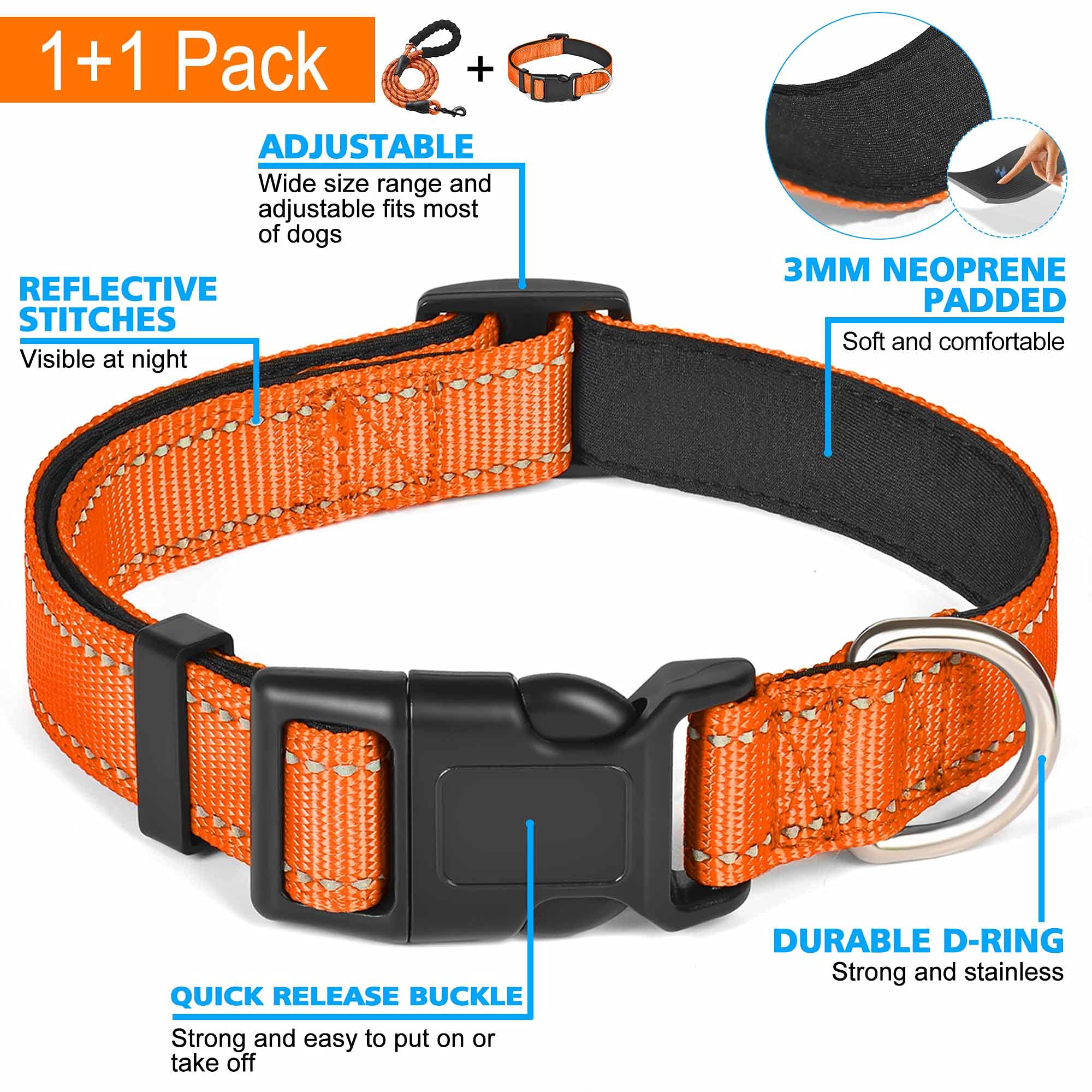 Ladoogo Reflective Dog Collar Padded With Soft Neoprene Breathable Adjustable Nylon Dog Collars For Small Medium Large Dogs (X-Small (Pack Of 1), Orange Collar+Leash)