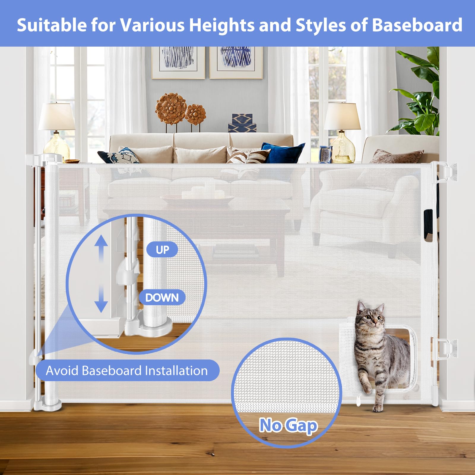 Retractable Baby Gate with Cat Door 55 Wide Retractable Baby Gate for Stairs Mesh Baby Gate with Pet Door Retractable Dog Gate f