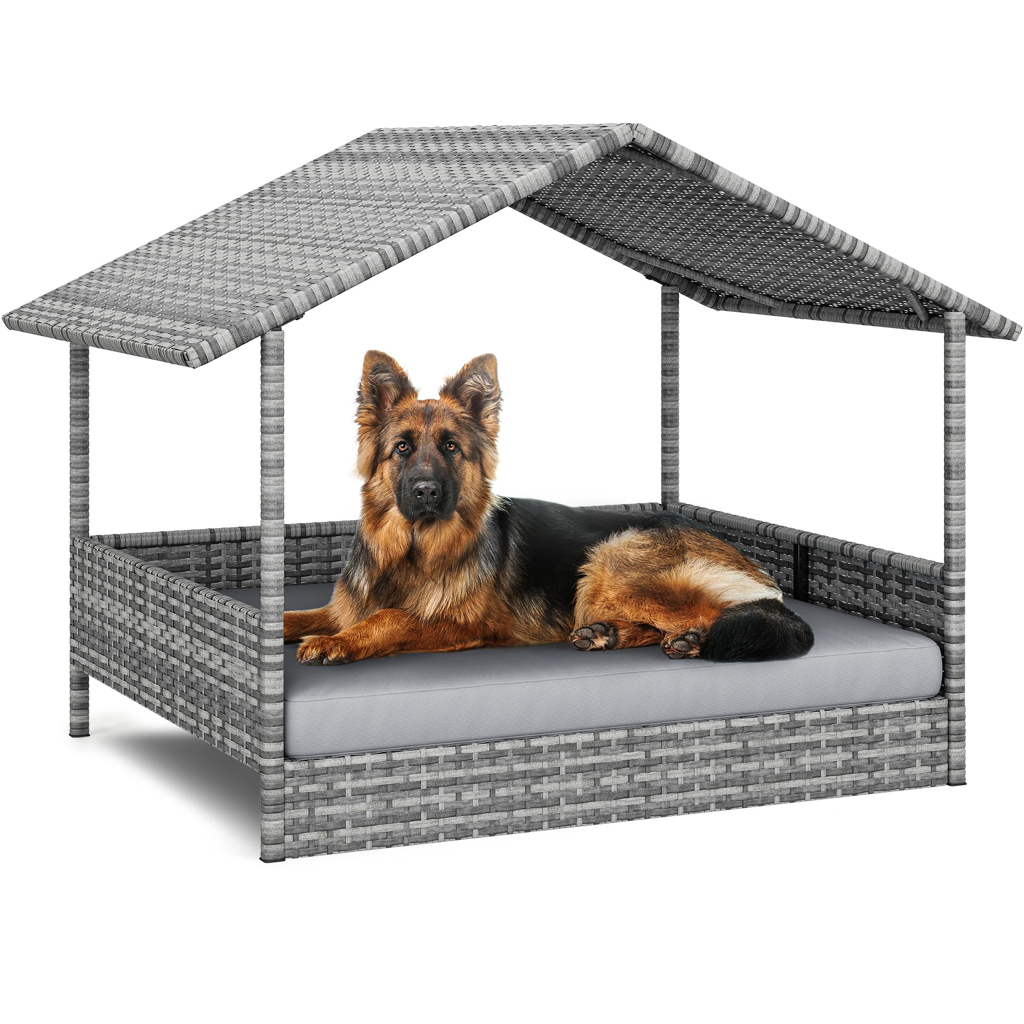 Yitahome Large Wicker Dog House With Cushion Outdoor Indoor Rattan Doghouse Elevated Raised Dog Bed With Canopy Water Resistant 