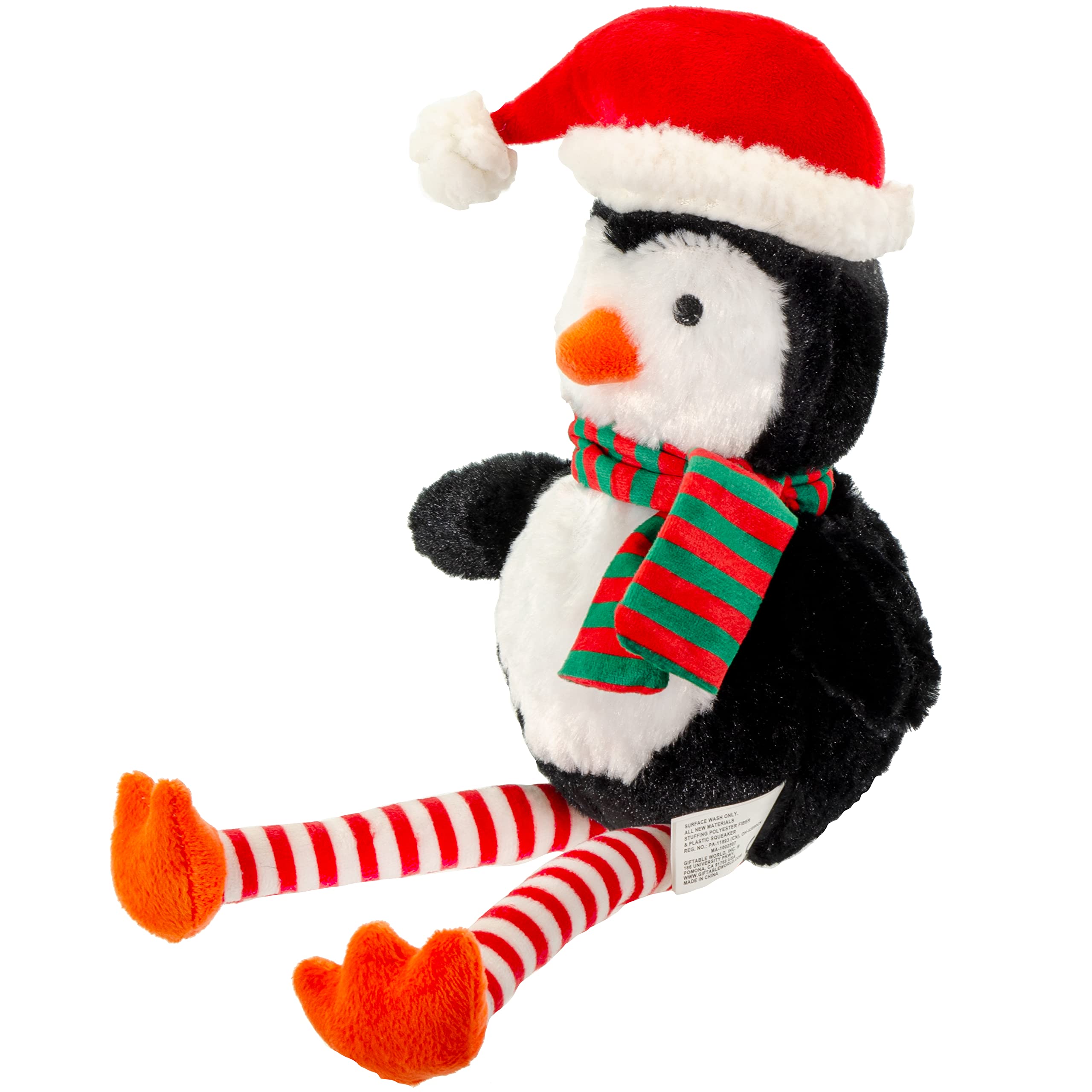 Giftable World Holiday Plush Pet Toy Fun For Christmas Designs With Squeaker Dog Chew Toy (13'' Long Legs Penguin W/Squeaky Ball