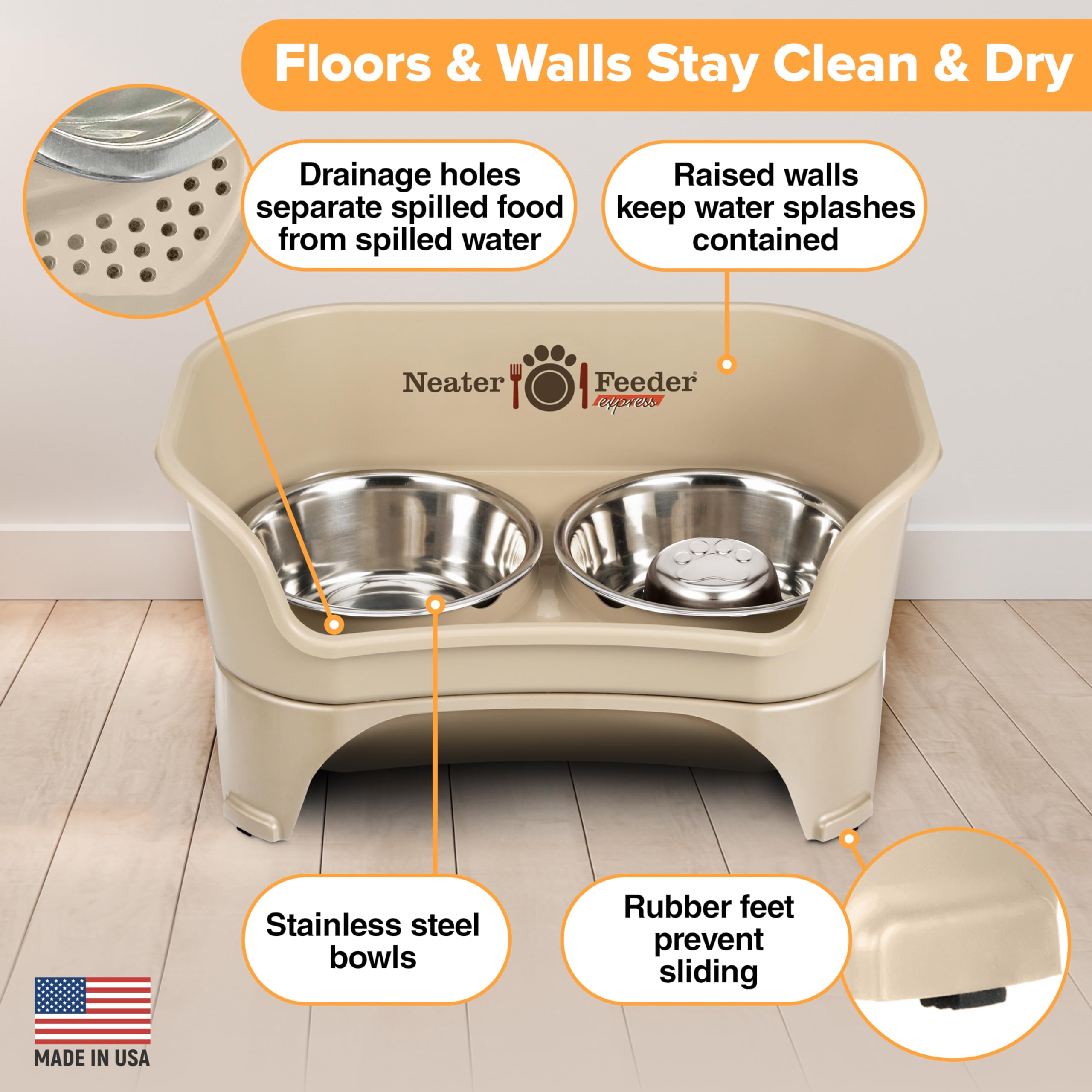 Neater Feeder - Express Model W/ Slow Feed Bowl - Mess-Proof Dog Bowls (M/L, Almond) Made In Usa - Elevated, No Spill, Non-Tip,