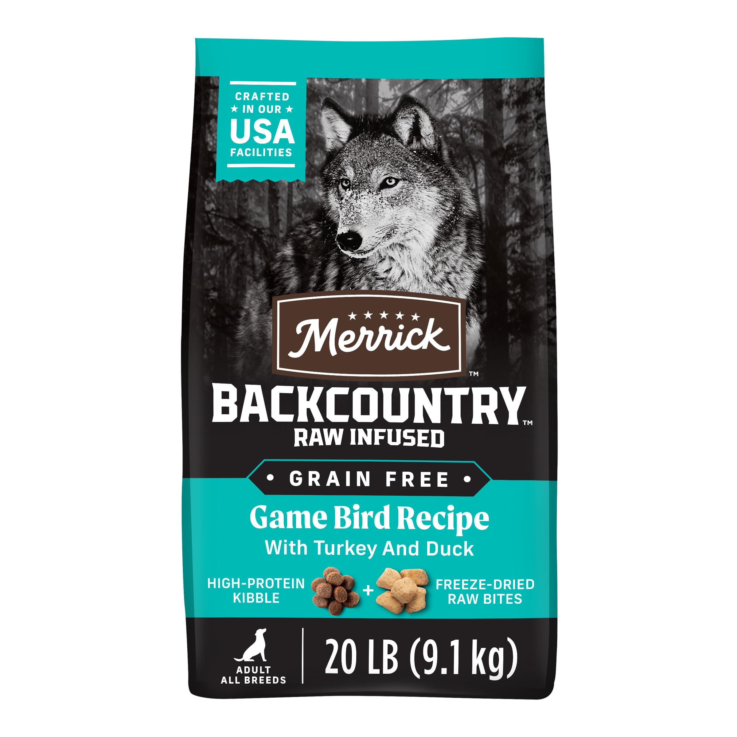 Merrick Backcountry Grain Free Dry Adult Dog Food, Kibble With Freeze Dried Raw Pieces, Game Bird Recipe - 20.0 lb. Bag