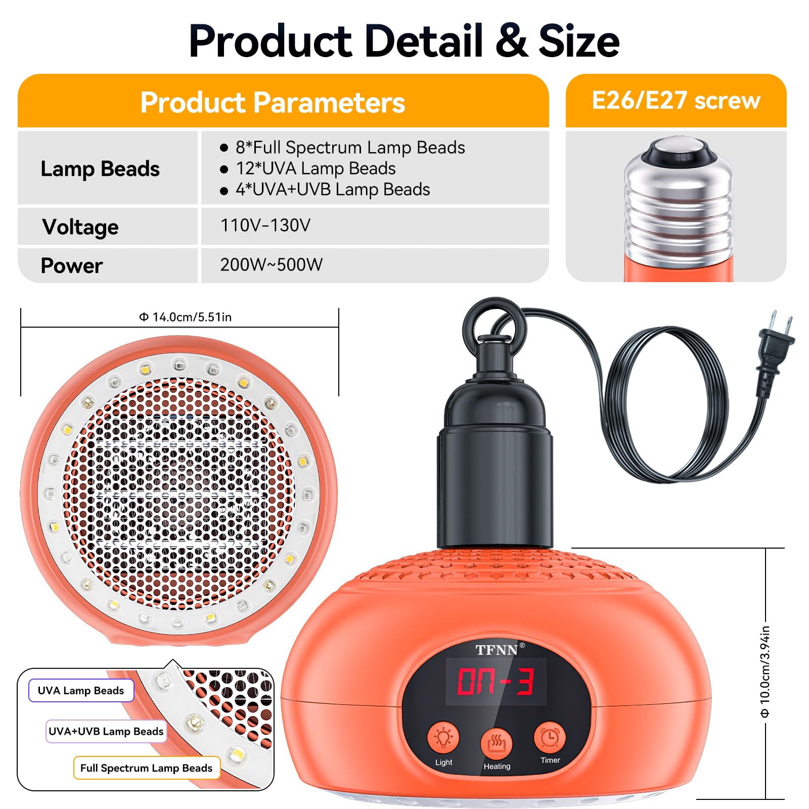 Tfnn Reptile Heat Lamp (Holder Pet Heater With Uva/B - Black)