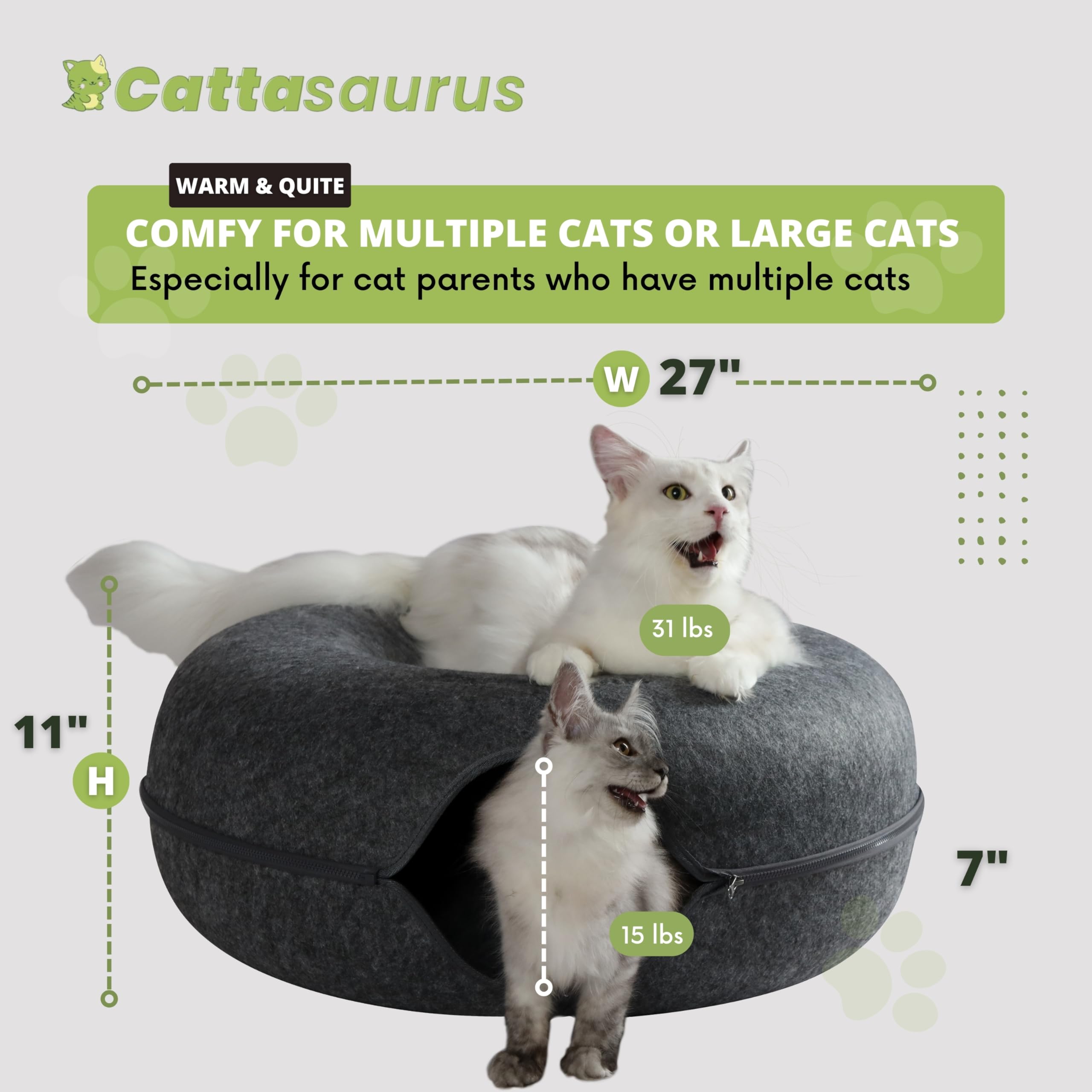 Cattasaurus Peekaboo Cat Cave For Multiple & Large Cats Up To 30-45 Lbs, Scratch Detachable & Washable Tunnel Bed, Comfy Donut Cat Cave (Dark Gray, Jumbo)