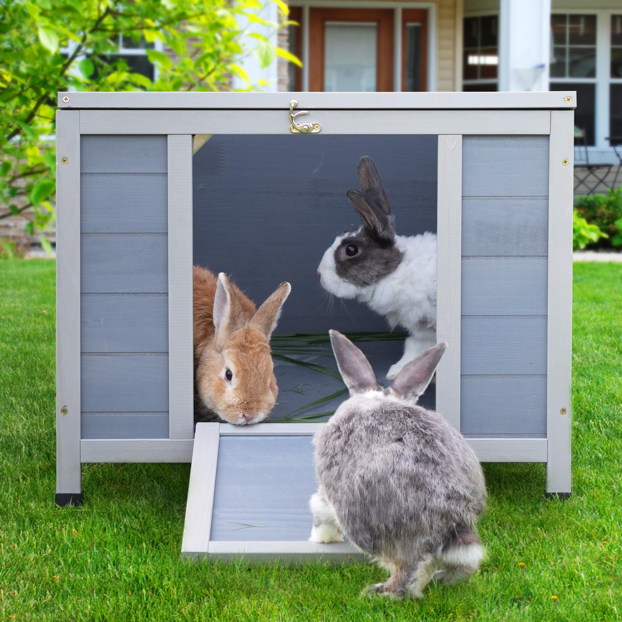 Coziwow 24In Wooden Cat House Outdoor & Indoor Pet Shelter With Foldable Ramp - Weatherproof Rabbit Hutch With Unique Machine-Pr