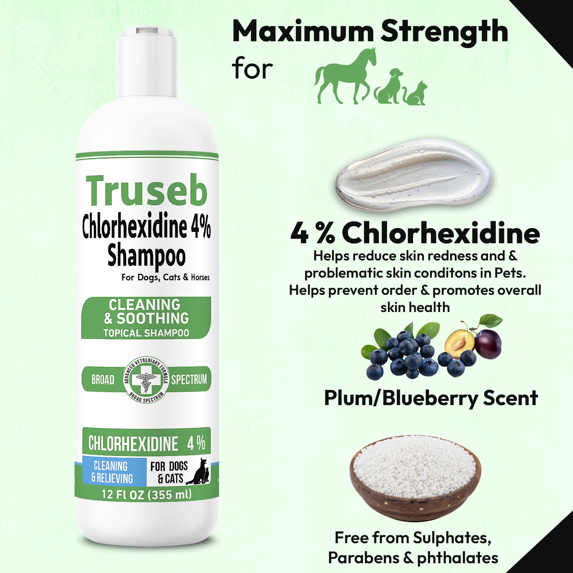 Pet Health Pharma Truseb Chlorhexidine 4% Shampoo for Dogs, Cats, Horses - 12 oz - Plum/Blueberry Scent