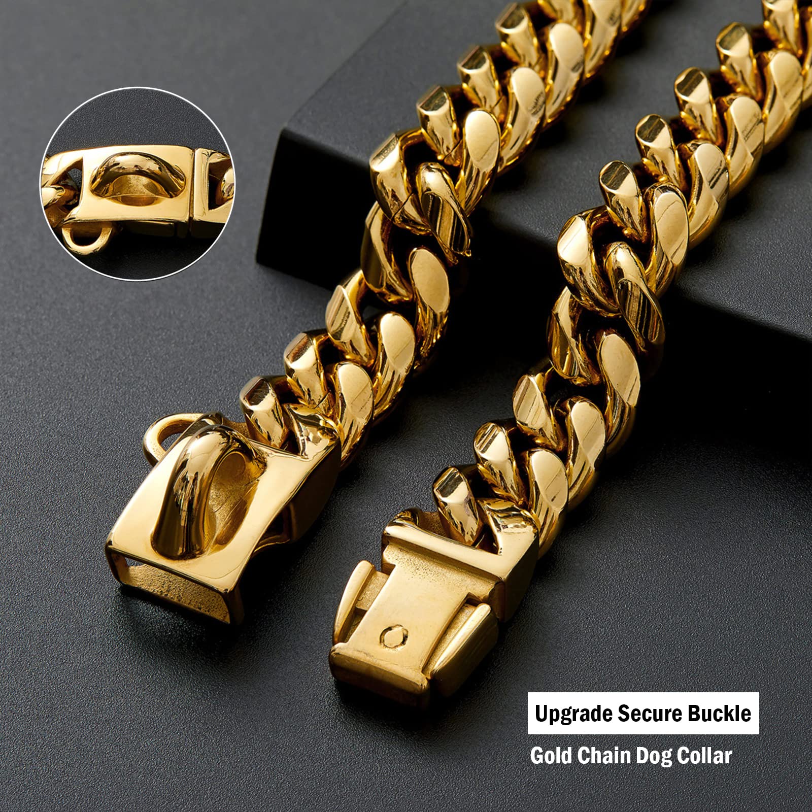 Yowity Gold Dog Collar,14Mm Strong Stainless Steel Cuban Link Dog Gold Chain Collar,Dog Necklace Walking Collar For Medium Large