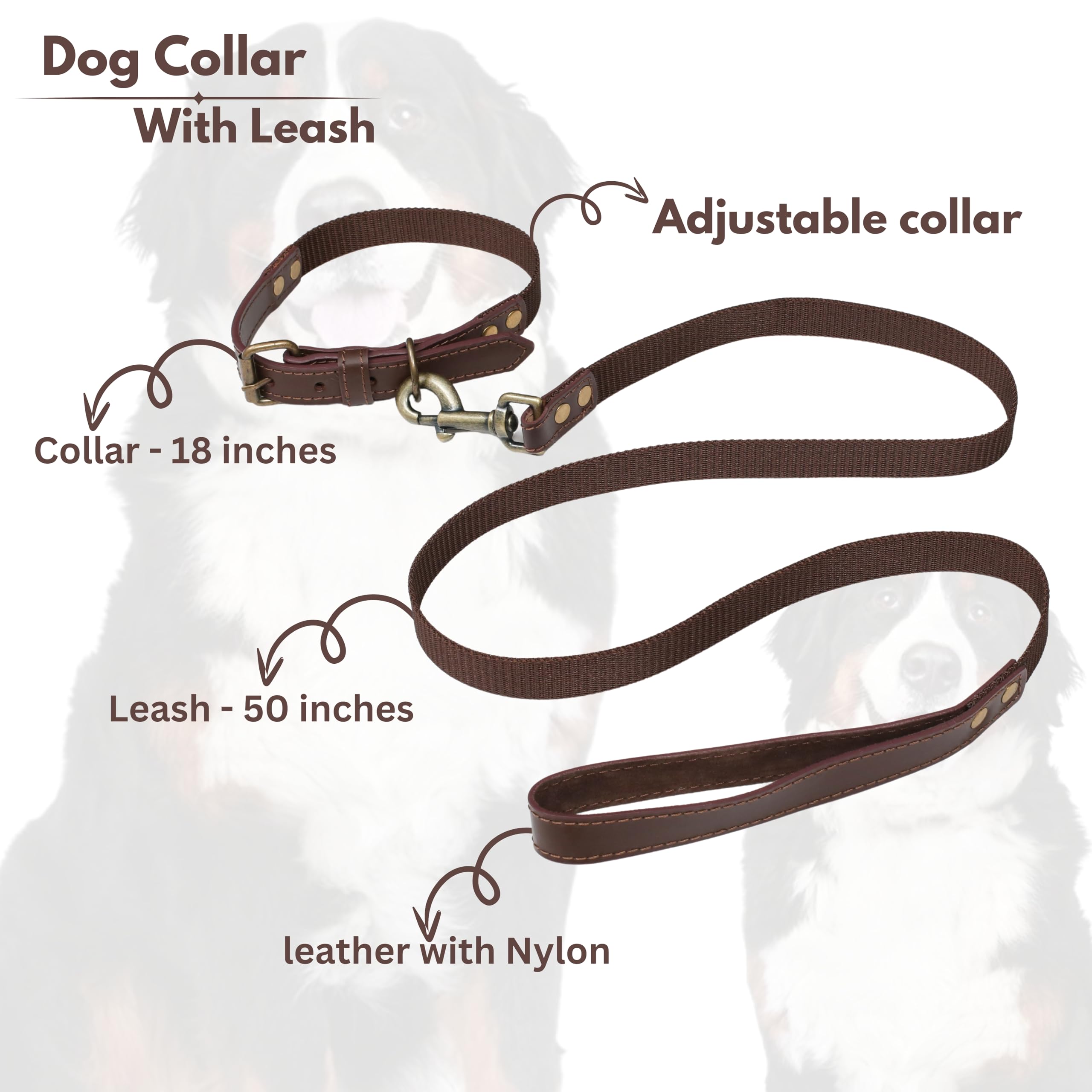 Dog Leash And Collar Set With Metal Buckle, Heavy Duty Leather And Nylon Combo, Adjustable And Durable Pet Walking Gear, 18 Inch