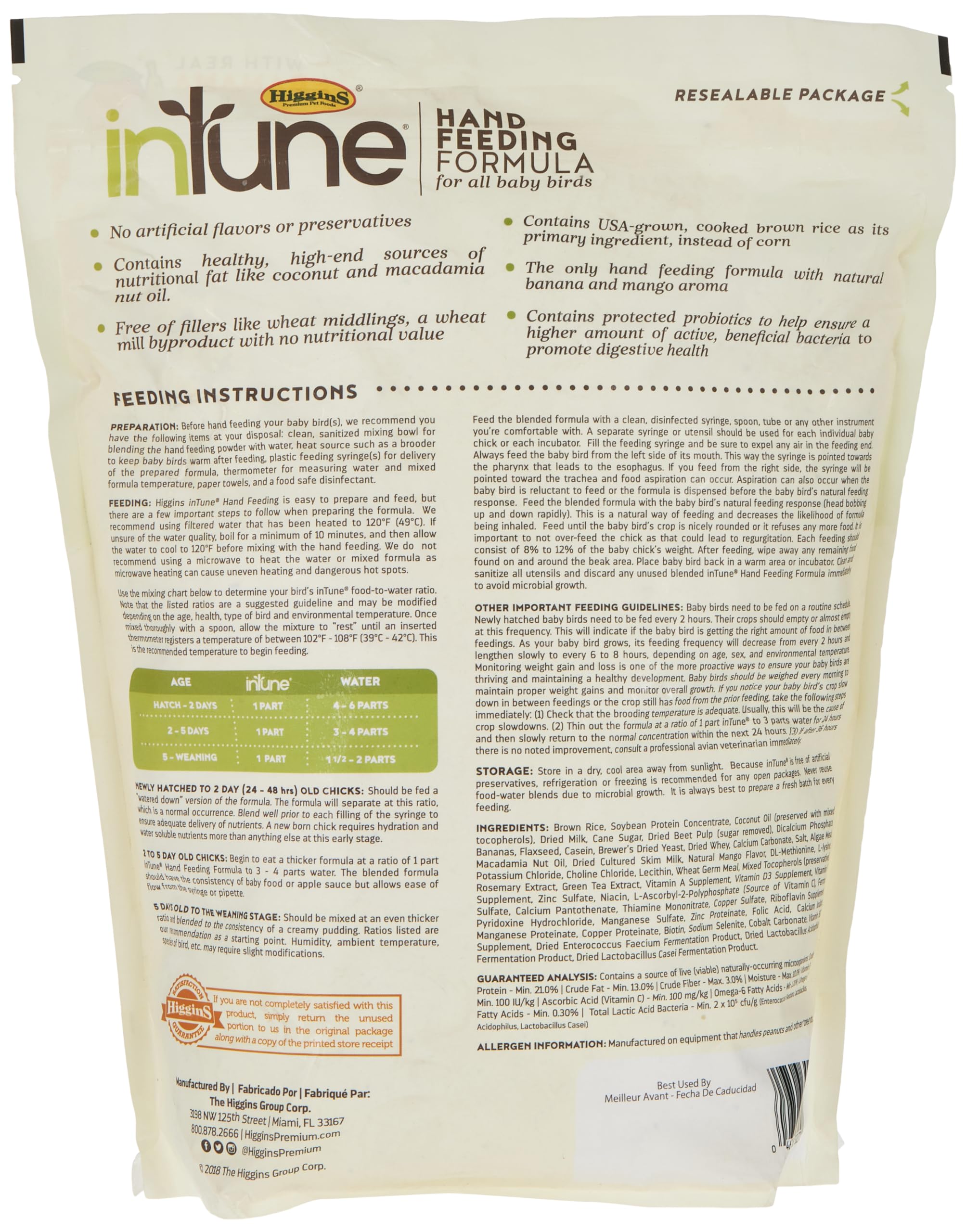 Higgins Intune Natural Hand Feeding Baby Bird Food, 5 Lb