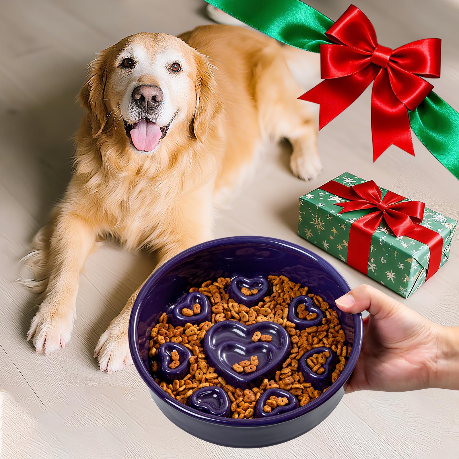 Buyank Ceramic Slow Feeder Dog Bowl, 4-Cup Anti-Slip Puzzle Feeder for Medium/Large Dogs, Indoor/Outdoor Pet Bowl for Fast Eater