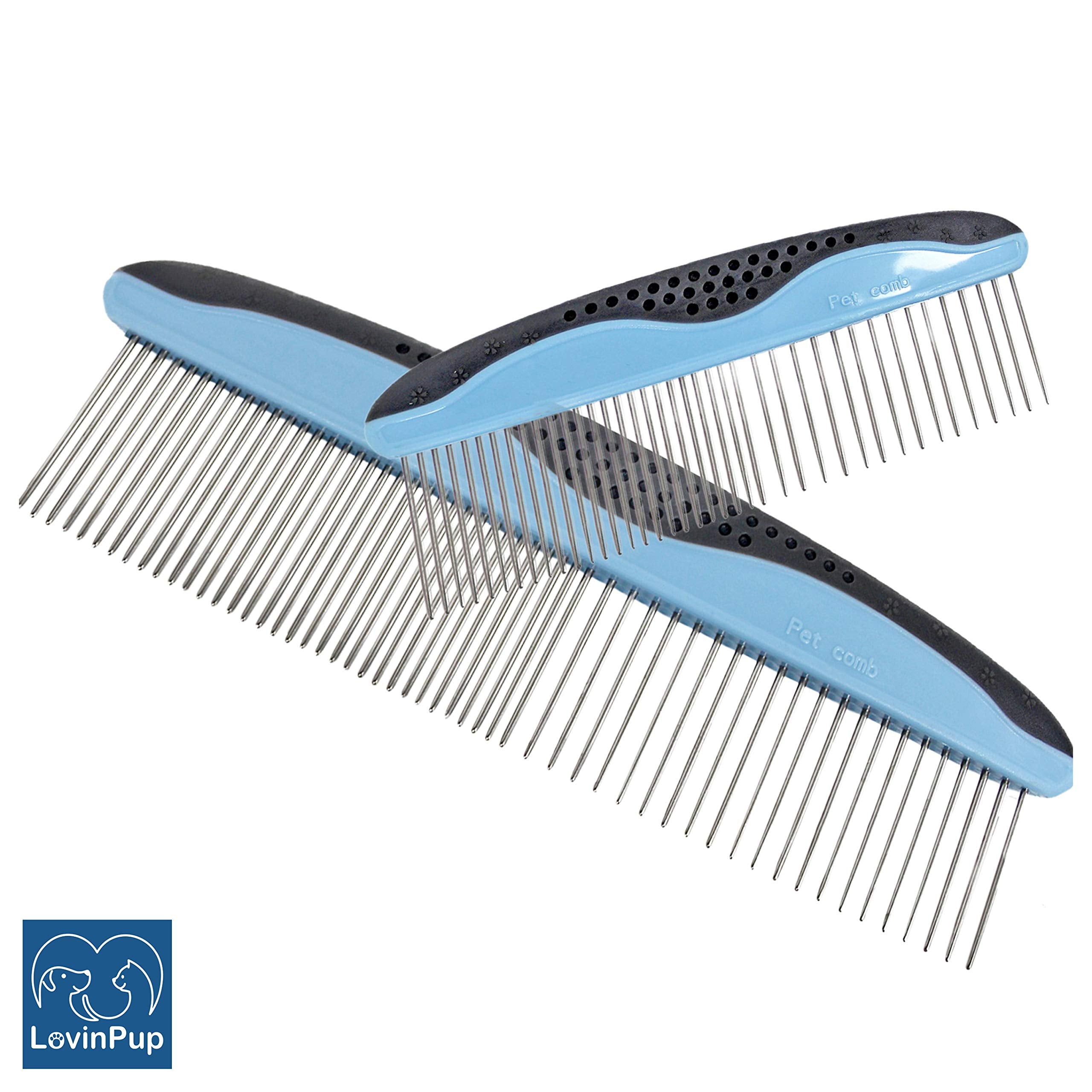 Lovinpup Dog Comb Set For Grooming, 2 Pack, Pet Grooming Comb With Stainless Steel Teeth, Comfort Grip Handle, Dog Grooming Supplies, Large Pet Comb And Small Pet Comb Included
