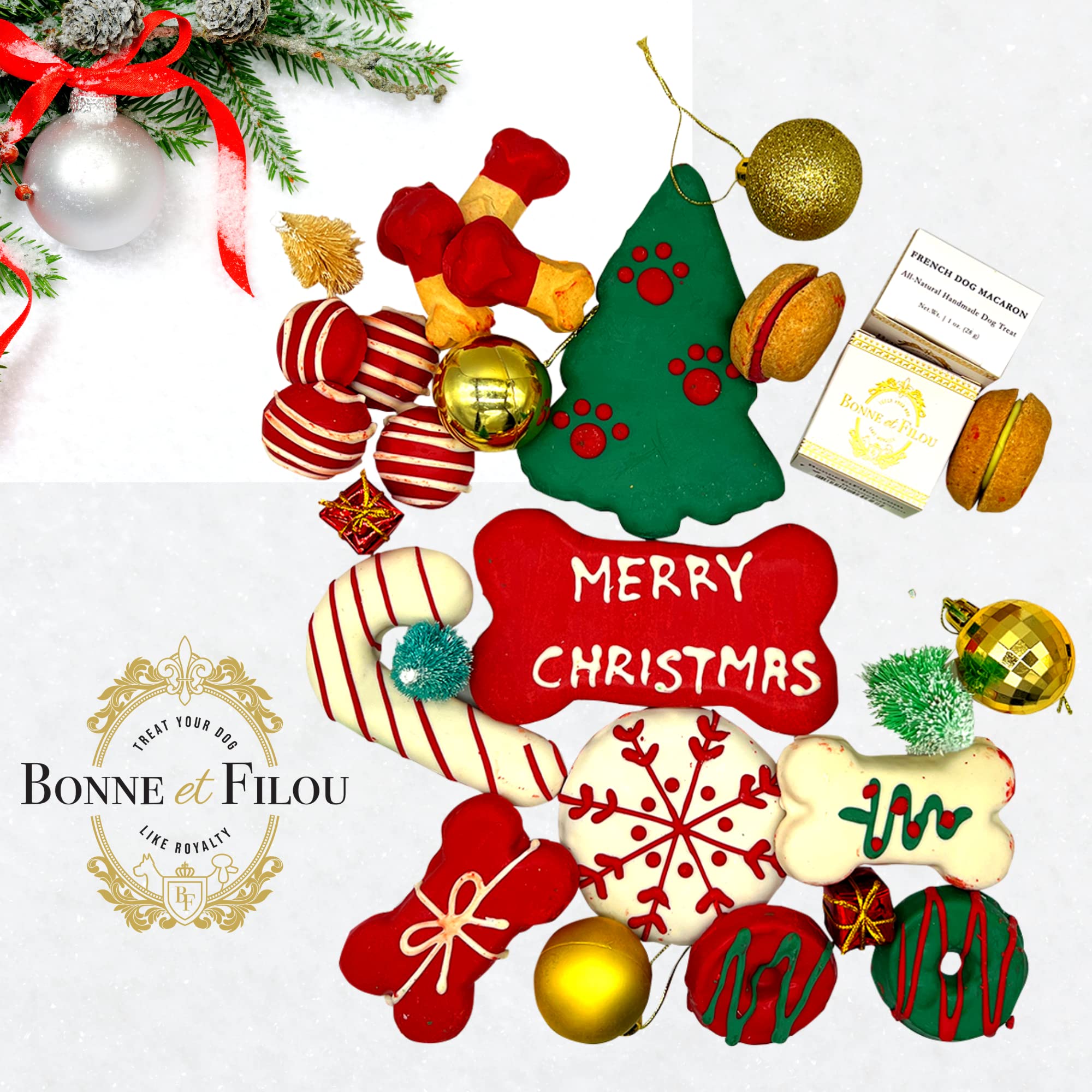 Bonne et Filou Christmas Dog Treats, Luxury Gourmet Gift Box, 18 Hand Designed Macarons, Truffles & Bone Cookies, Perfect Holida