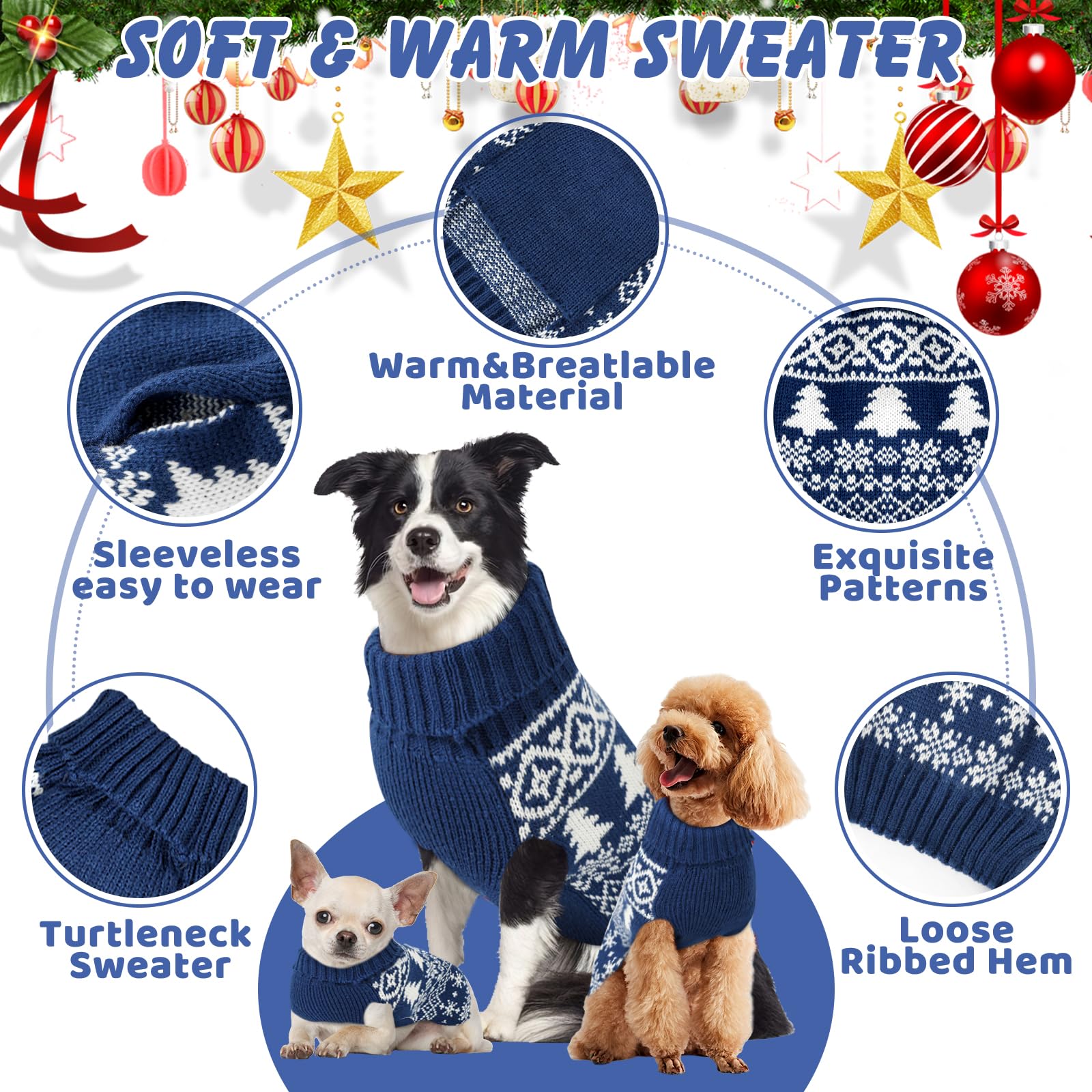 Christmas Dog Sweaters & Shirts For Small To Large Dogs, Soft Warm Turtleneck Sweaters, Double Knit Collar For Outdoors, Blue Xs