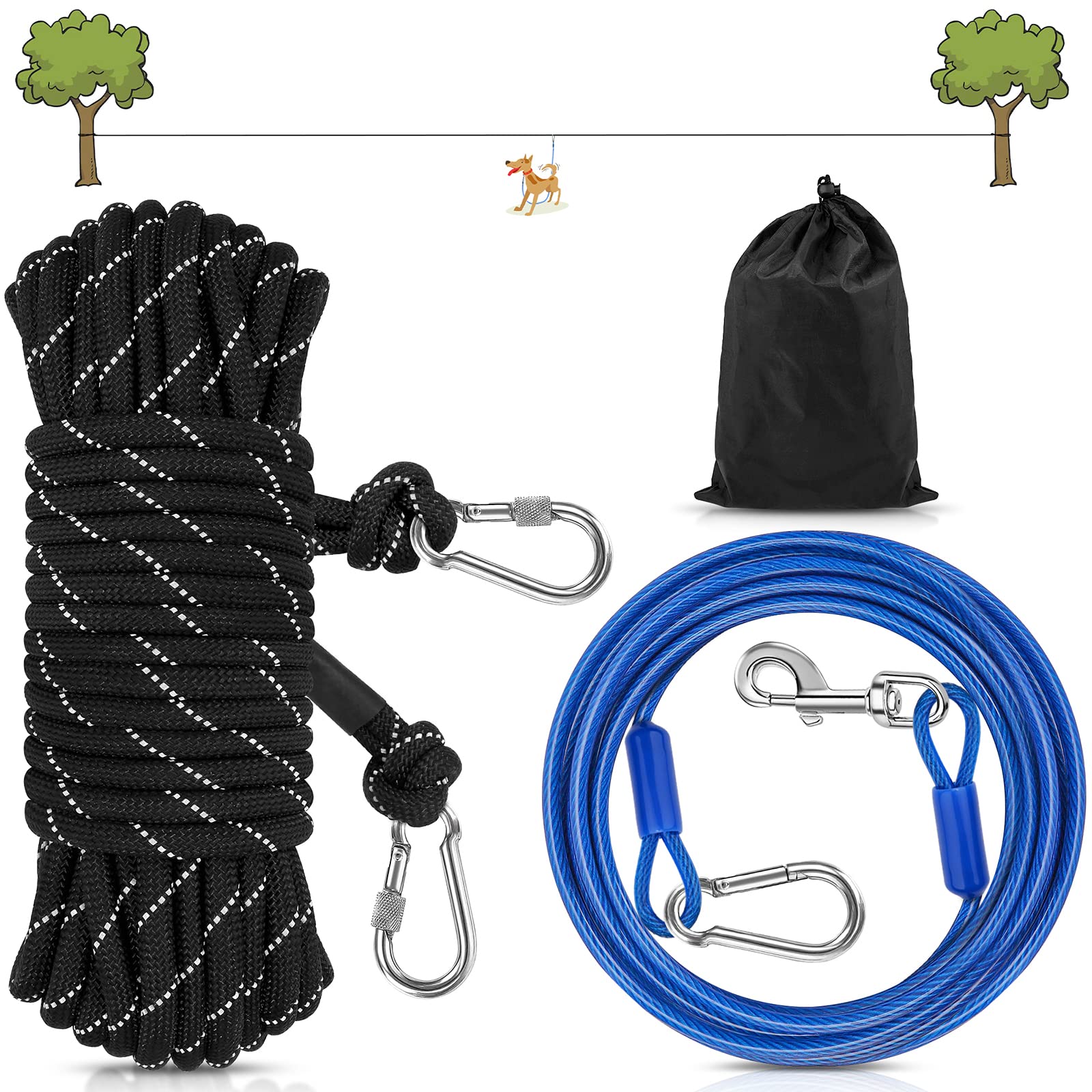 Petbobi Dog Runner For Yard 50Ft, Dog Tie Out Cable For Camping With 10Ft Dog Run Wire Cable, Portable Reflective Dog Lead Line With 360° Tangle Free &Heavy-Duty Clasp For Yard, Park, Black