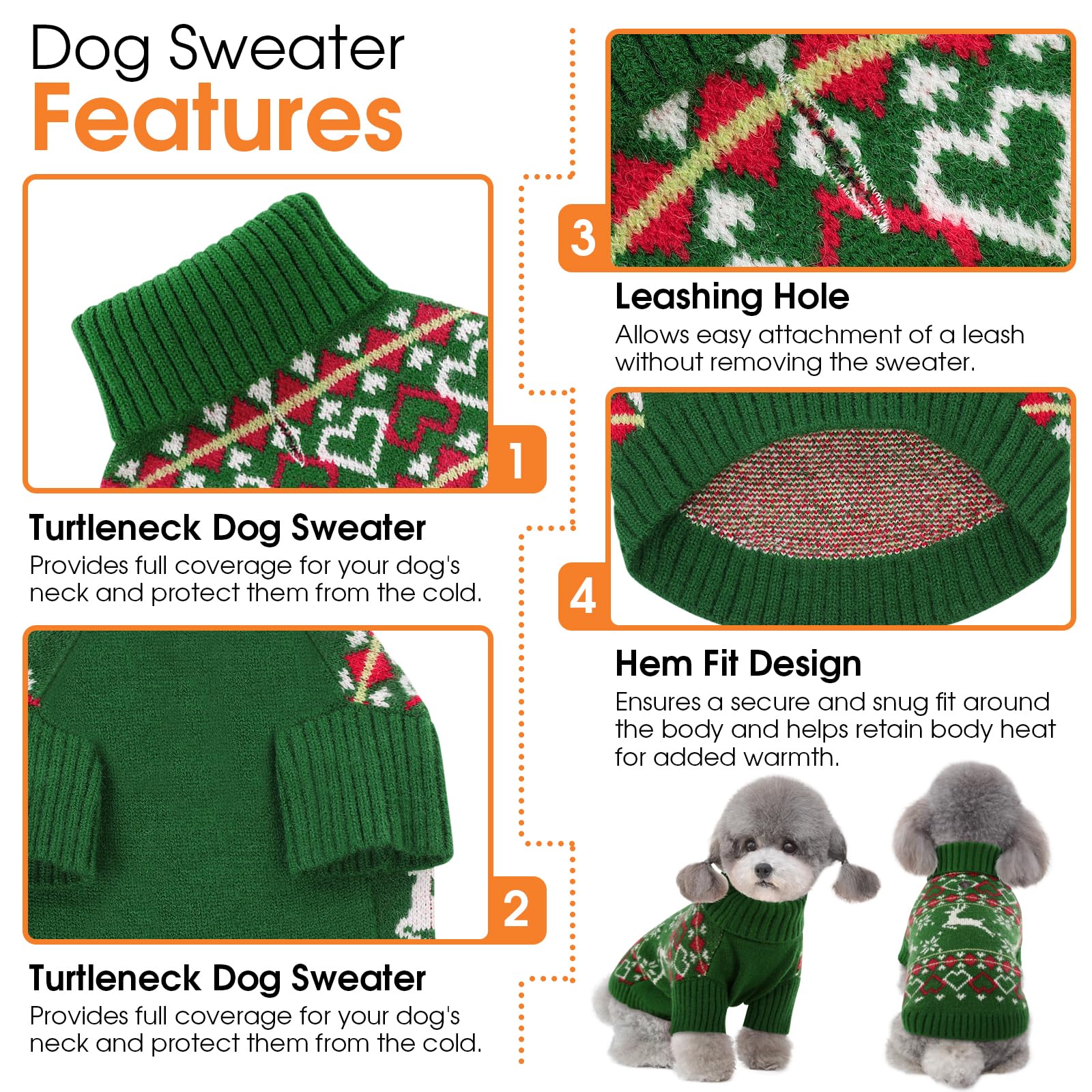 Queenmore Dog Christmas Sweater - Turtleneck Knitted Pullover Xmas Clothes, Warm Sweatshirt For Small Dogs, Boy & Girl, Xs