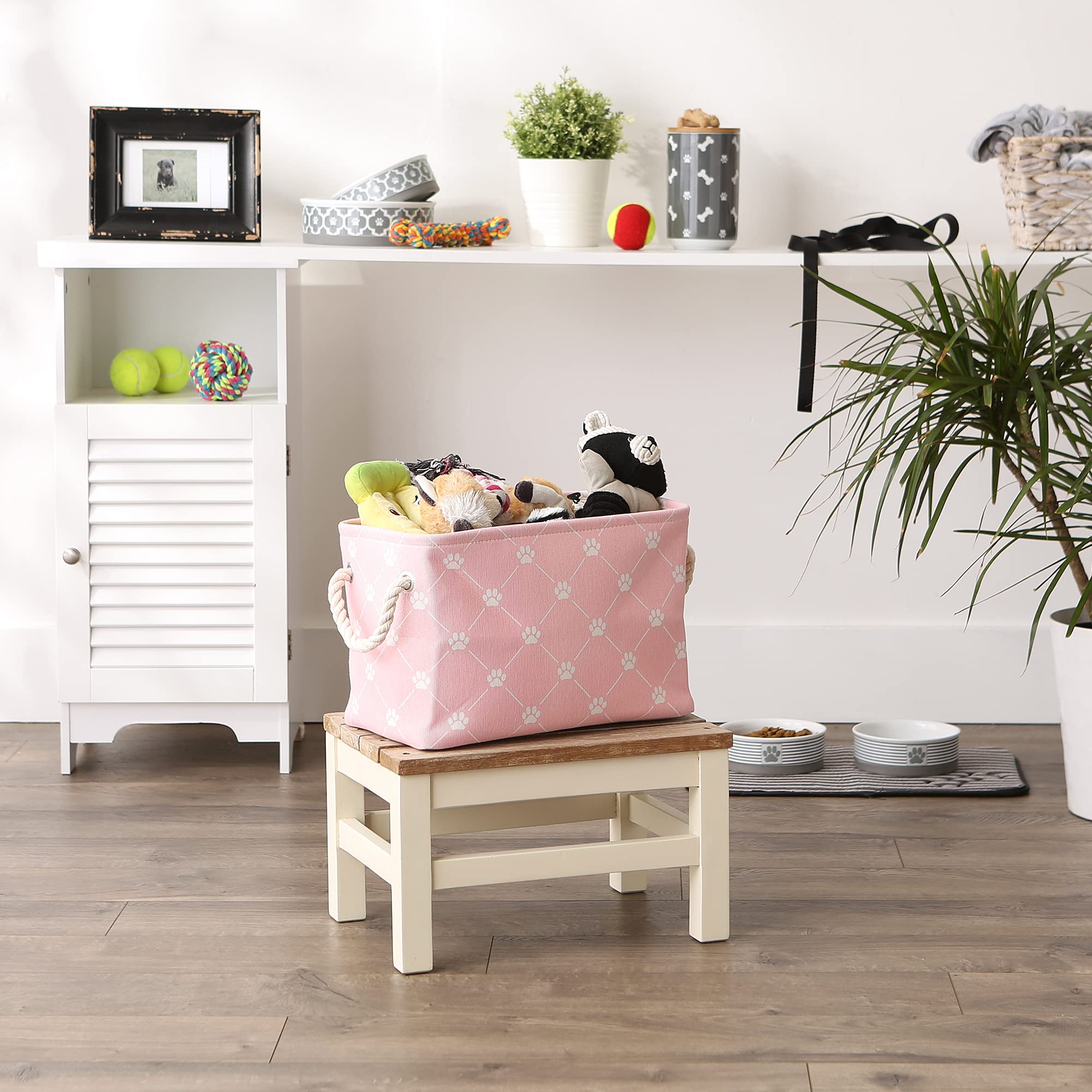 DII Polyester Pet Bin Trellis Paw Pink Rectangle Small