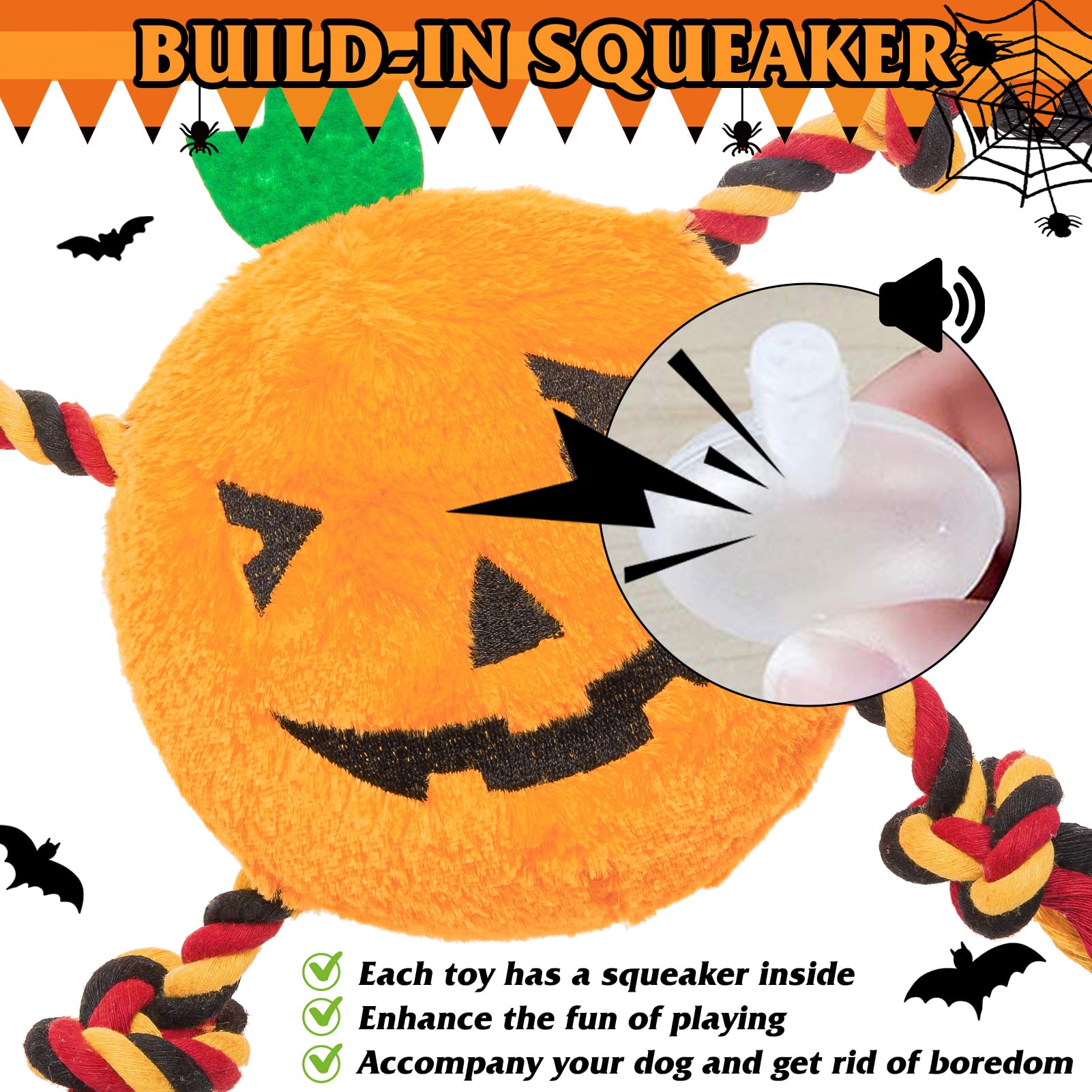 PUPTECK Halloween Dog Squeaky Chew Toys - 3 PCS Funny Pumpkin Plush Stuffed Toys for Puppy Pet Tugging Playing
