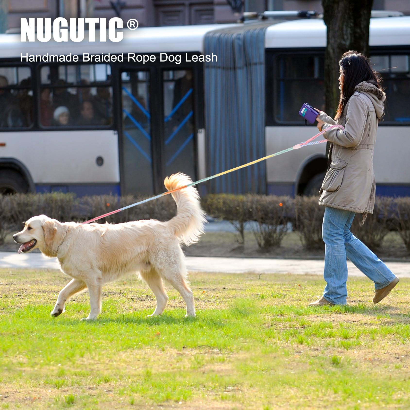 Nugutic Rope Dog Leash Handmade Braided Cotton Rope Leashes With Heavy Duty Metal Clasp, Cute Dog Leash, Wedding Dog Leash (Colorful Macaron, 5 Ft)