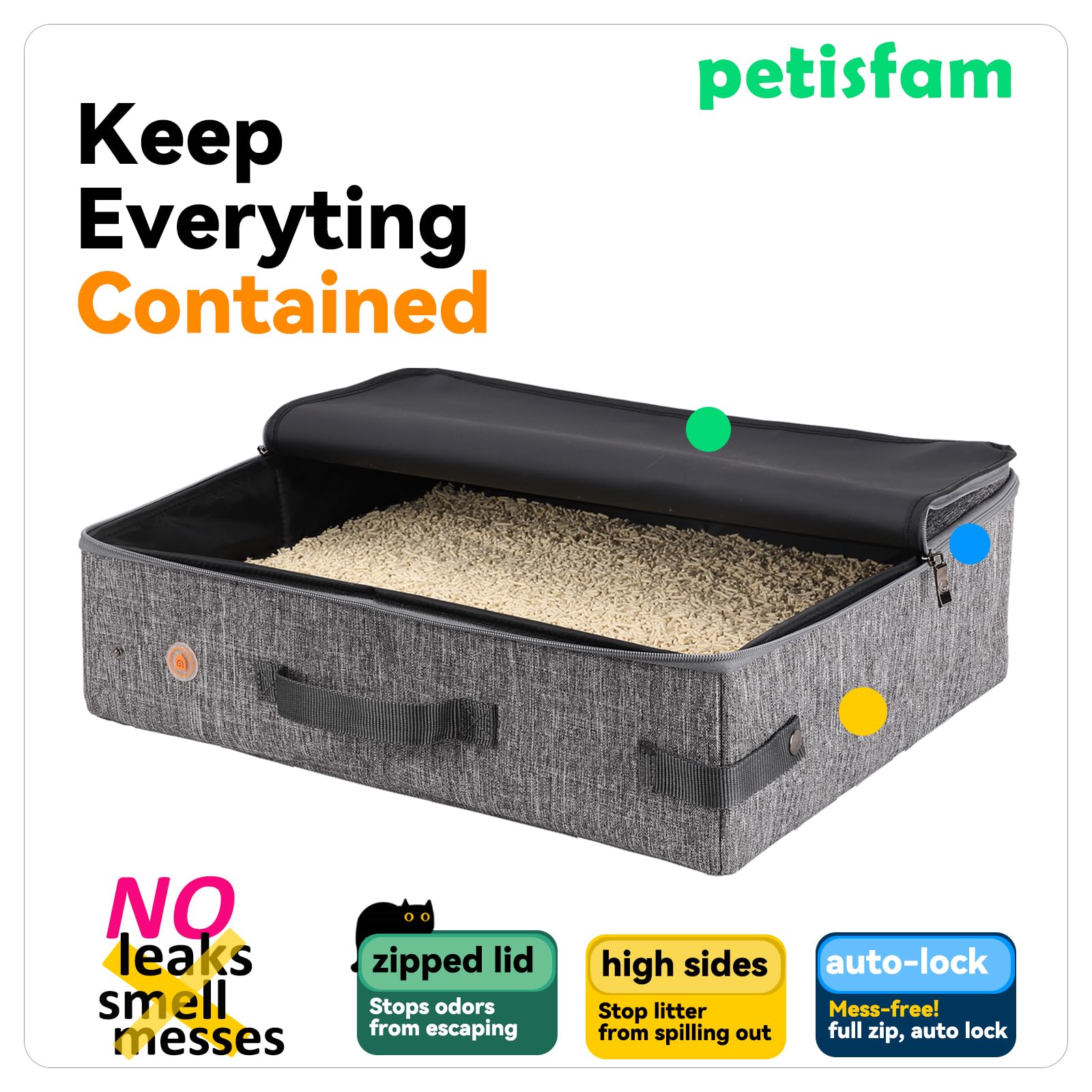 Large Portable Cat Travel Litter Box with Leak-Proof Zipped Lid to Keep Odor and Litter Contained. Lightweight to Carry Around G
