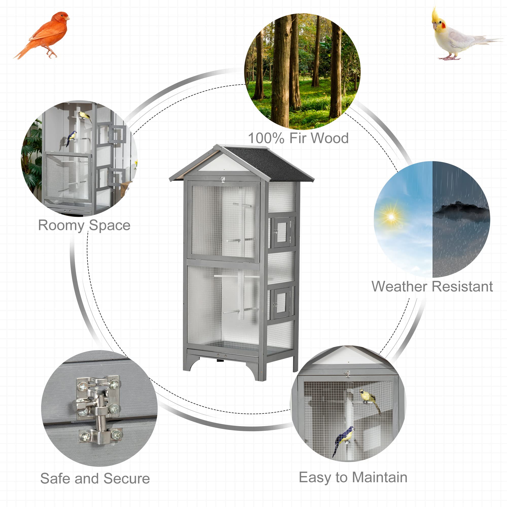 Pawhut 60' Wooden Outdoor Bird Cage For Finches, Parakeet, Large Bird Cage With Removable Bottom Tray 4 Perch, Light Gray