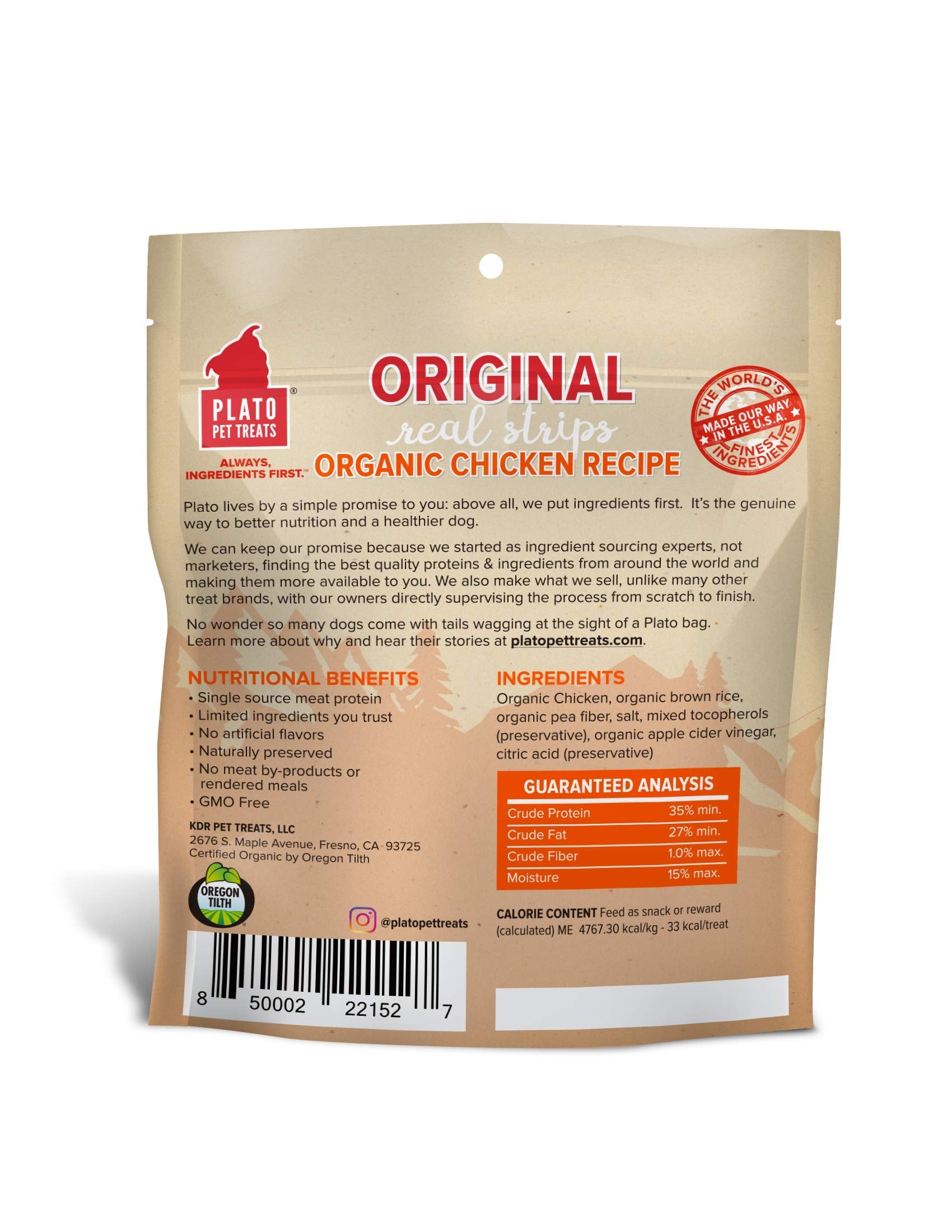 PLATO Original Real Strips Organic Chicken 3oz, Natural (850002221527)