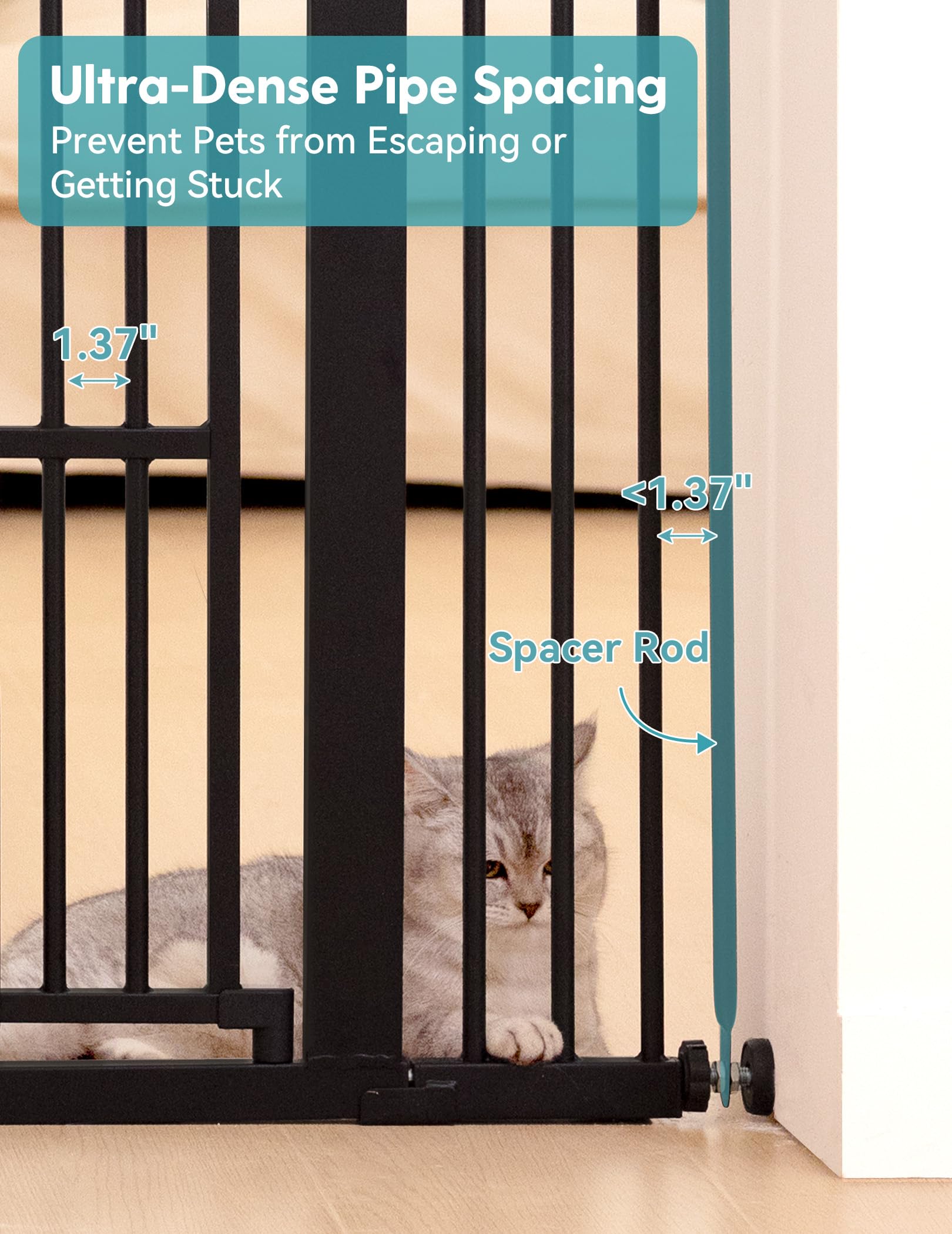 No Pawblems 55 Extra Tall Pet Gate with Adjustable Cat Door, 29-43 Auto Close Dog Gate, NO Drilling Pressure Mounted for Doorway