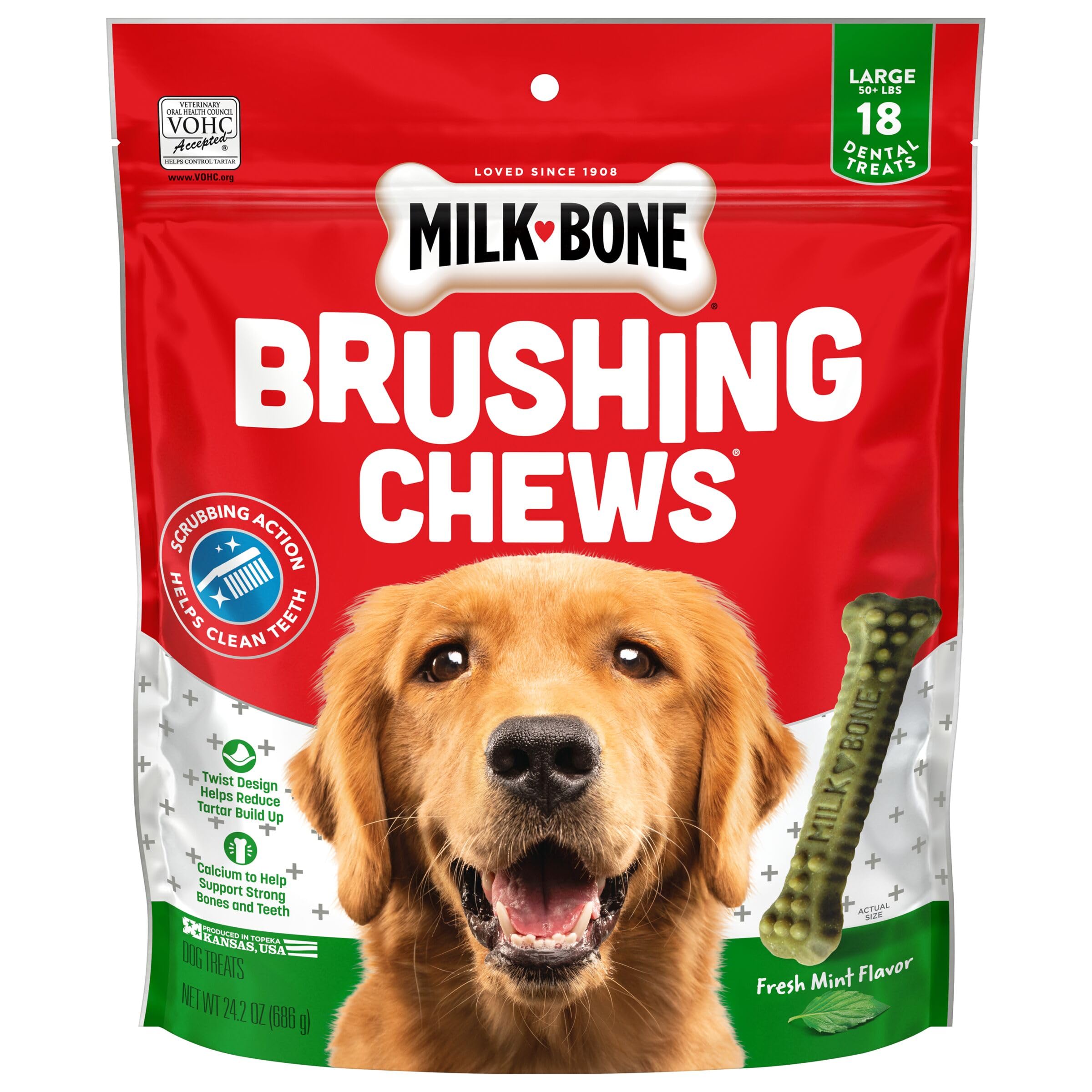 Milk-Bone Fresh Breath Brushing Chews, 18 Large Daily Dental Dog Treats Scrubbing Action Helps Clean Teeth
