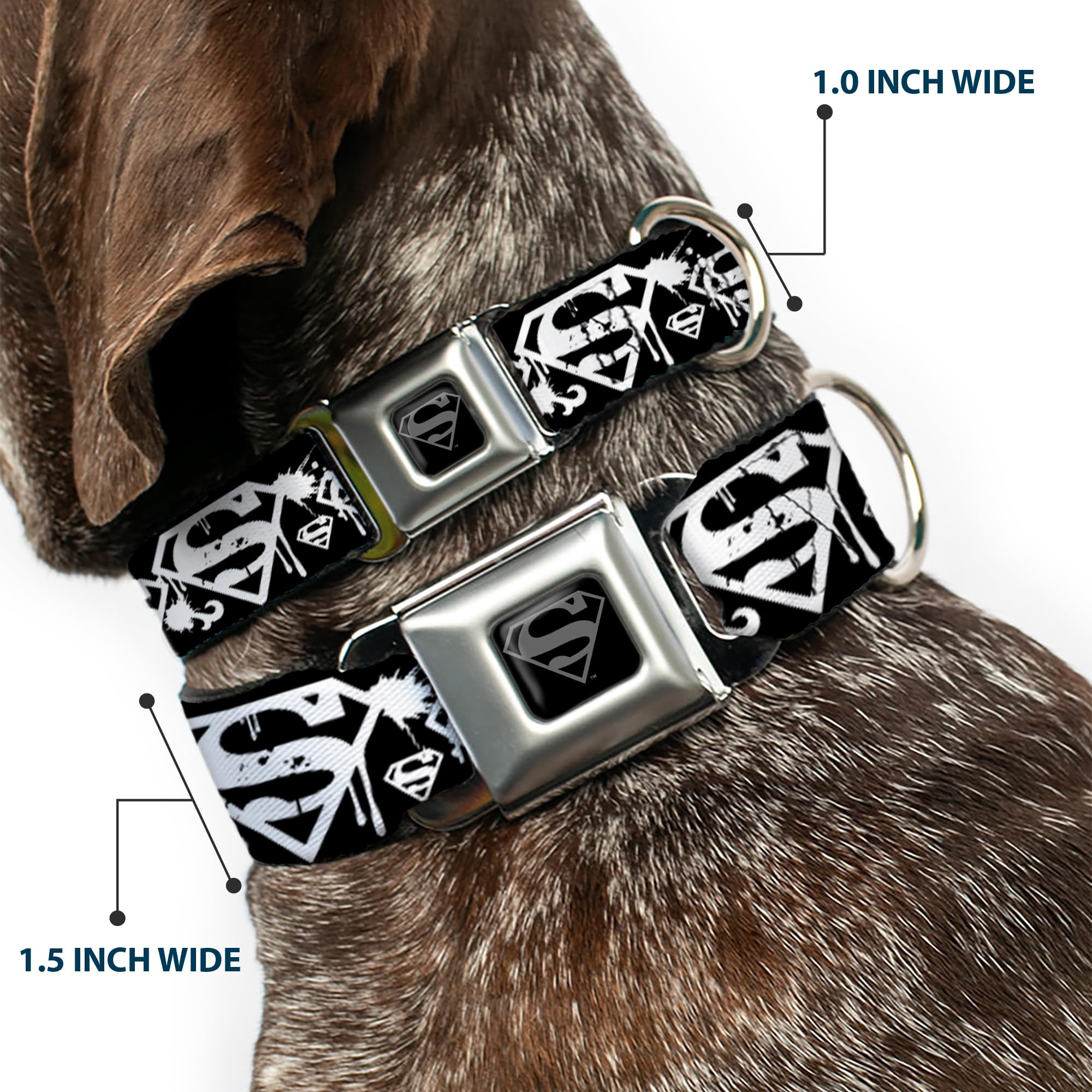 Buckle-Down Seatbelt Buckle Dog Collar - Superman Shield Splatter Black/White - 1.5' Wide - Fits 16-23' Neck - Medium