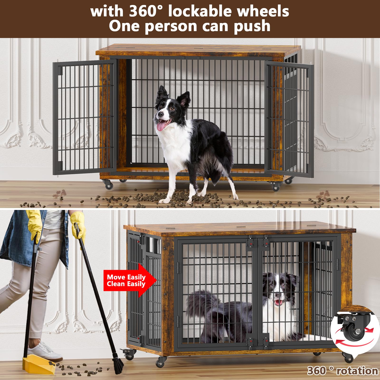 EasyCom 90% Pre-Assembled 41 Moveable XL Dog Crate, Large Dog Crate Furniture with Top-Access Teasing/Feeding Doors, Chew-Resist