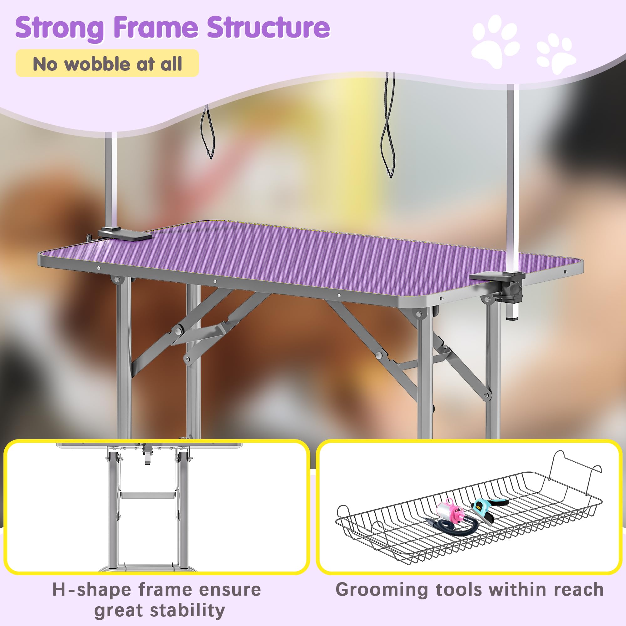 Dog Grooming Table, Adjustable Large Pet Drying Desktop, Foldable Bathing Desk with Arms, Noose, Mesh Tray, Maximum Capacity Up