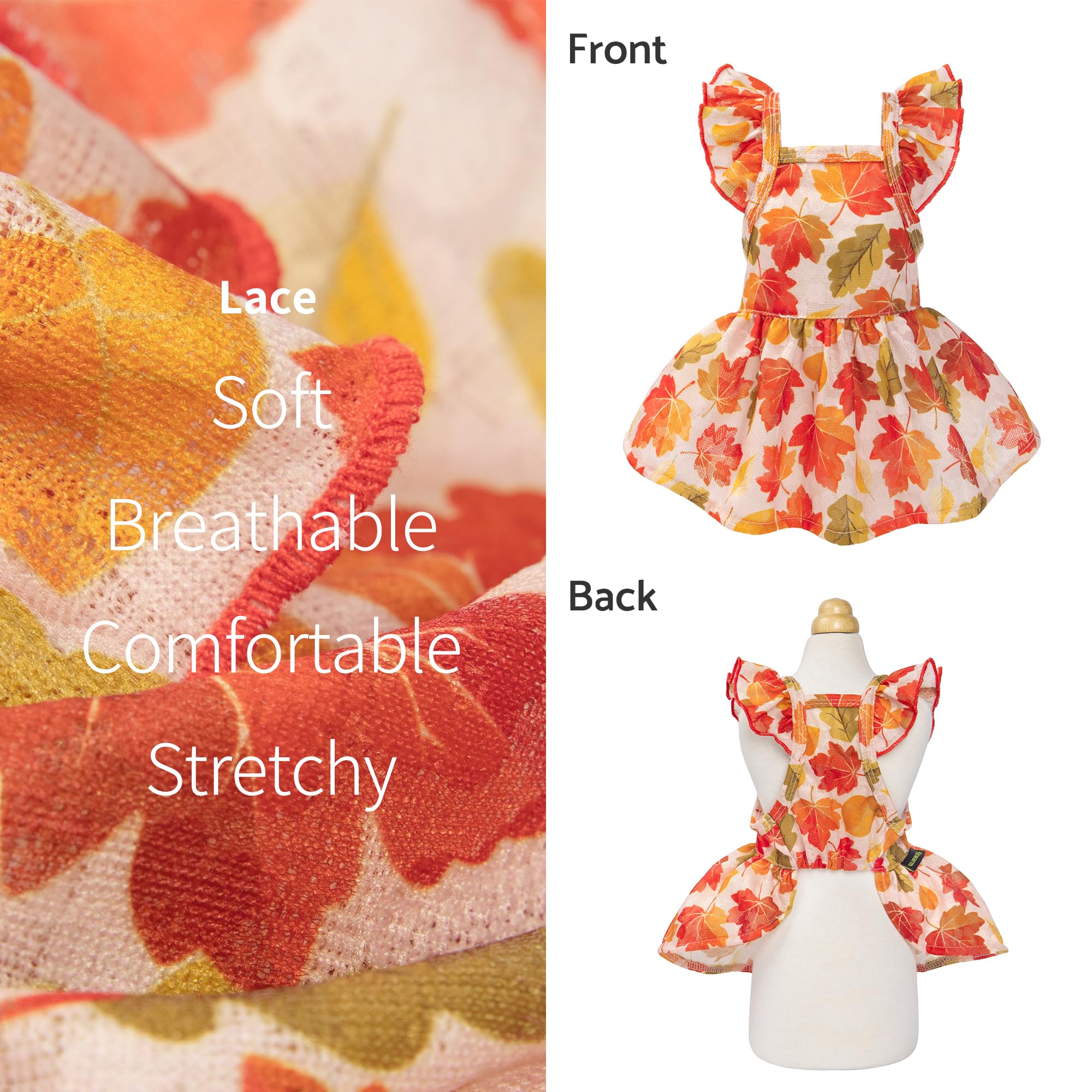 Fitwarm Maple Dog Dress, Ruffled Doggy Thanksgiving Dress, Fall Dog Clothes For Small Dogs Girl, Pet Outfit, Red, Orange, Xxs