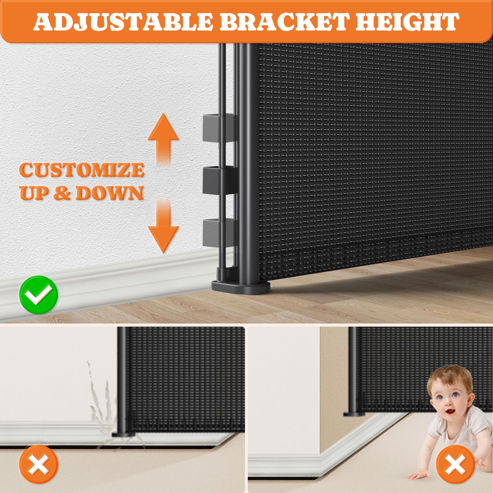 Upgrade Retractable Baby Gates, 35 Tall Extends up to 60 Wide, Mesh Dog Gate Indoor for Stairs, Outdoor Reinforced Pet Gate with