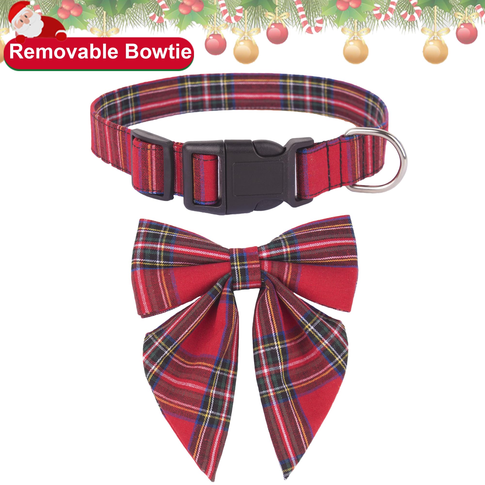 Adoggygo Christmas Dog Collar With Bow, Adjustable Cotton Red Plaid Bowtie Dog Christmas Collars For Small Medium Large Dogs Pets (Medium, Xmas)