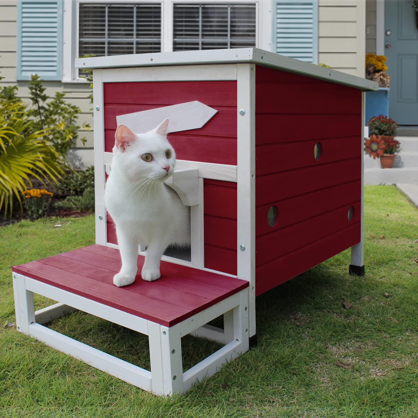 Rockever Outdoor Cat House - Large Weatherproof Wooden Shelter for Feral Cats, Escape Door, Wine Red, Model 4002r
