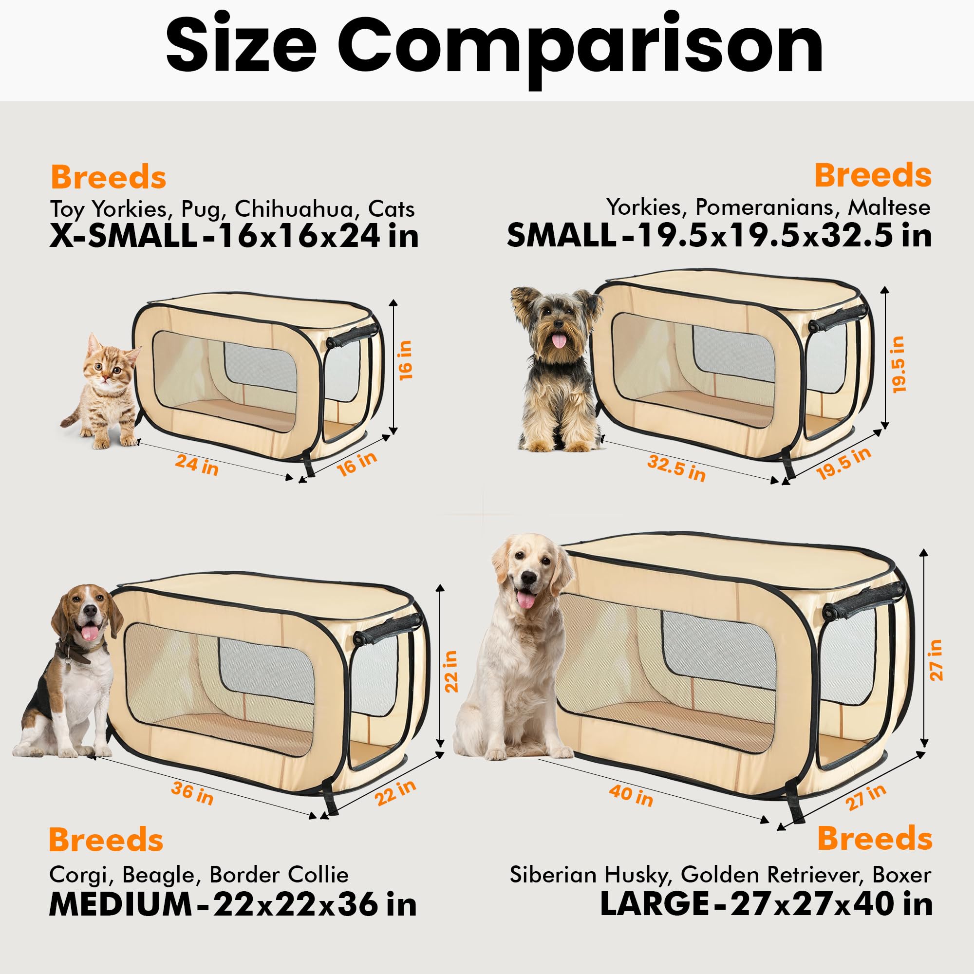 Beatrice Home Fashions Portable, Collapsible, Pop Up Kennel Travel Cat And Dog Crate, 40'' L X 27'' W X 27'' H, Beige