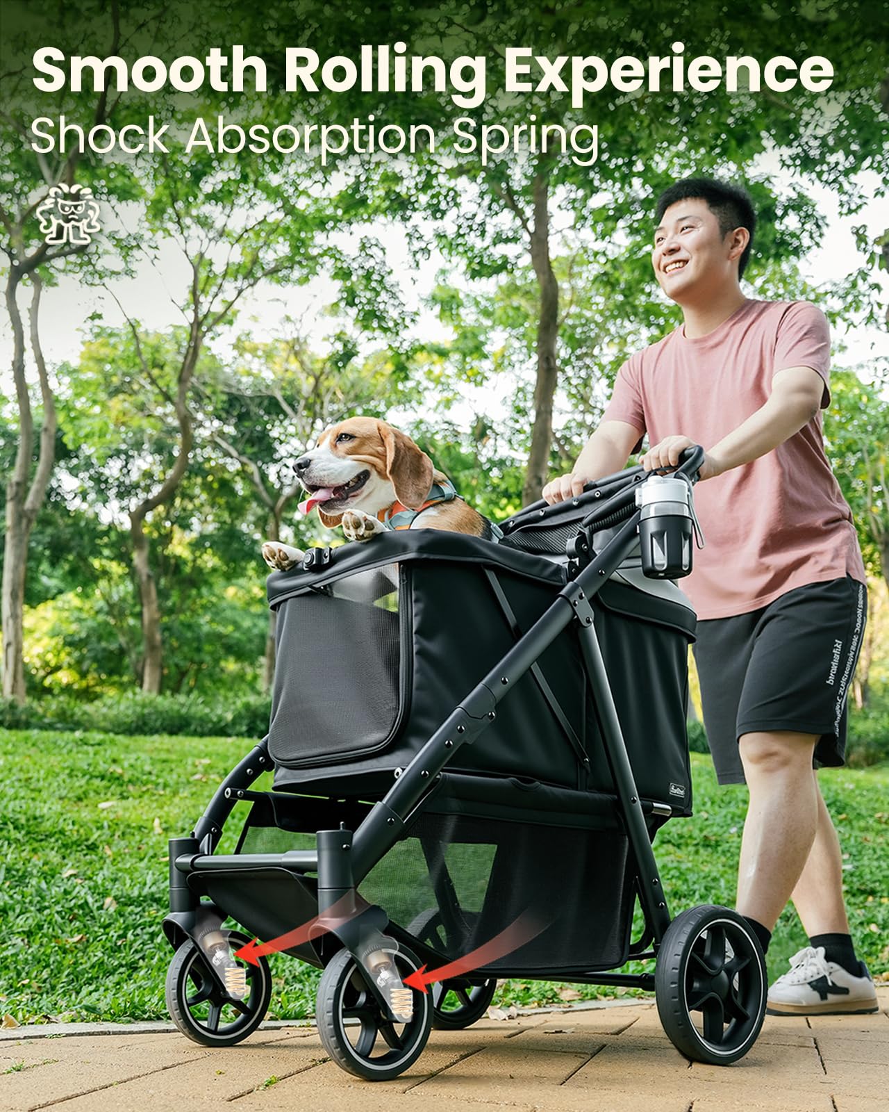 Pawccoli Medium Dog Stroller, Foldable Pet Stroller, Adjustable Handle, Black, Model PCL-PS02, For Dogs & Cats Up to 50lbs
