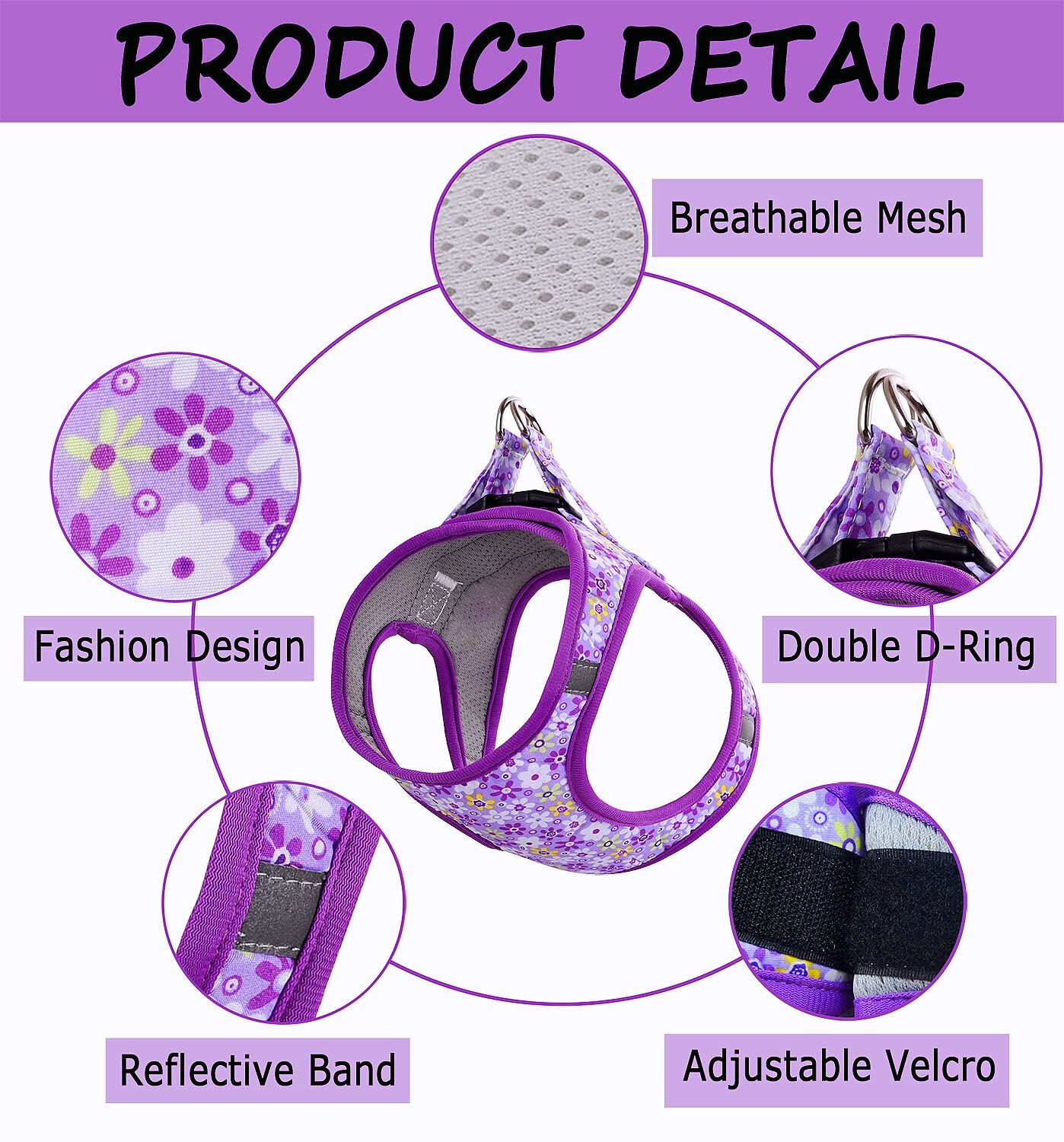 Moonpet Step In Air Dog Harness Leash Set- All Weather Reflective No-Pull?loral Pattern Padded Mesh Vest Harness For Cats Puppy Extra-Small Small Medium Large Dogs - Purple Flower - L