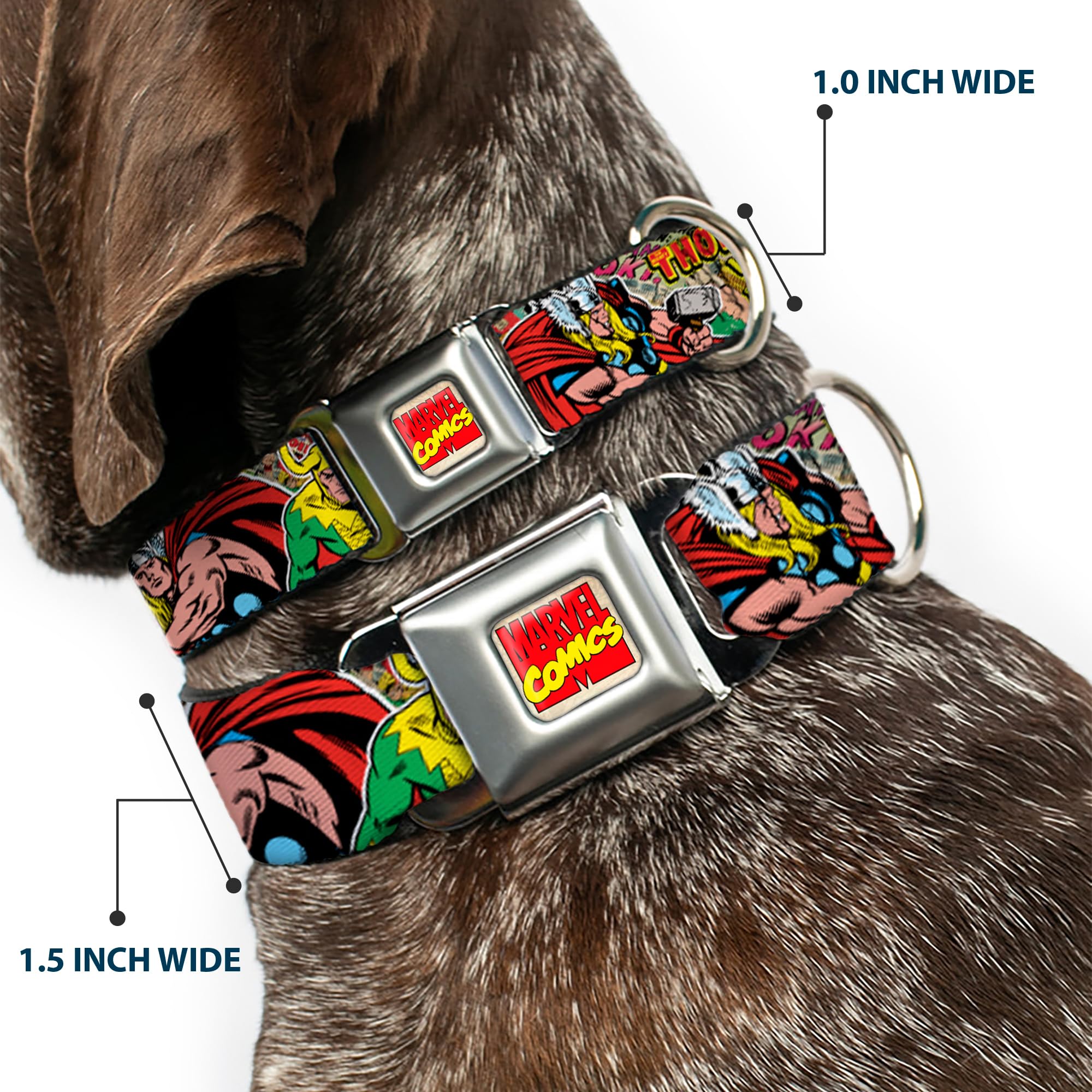 Buckle-Down Seatbelt Buckle Dog Collar - Thor & Loki Poses/Retro Comic Books Stacked - 1.5' Wide - Fits 16-23' Neck - Medium