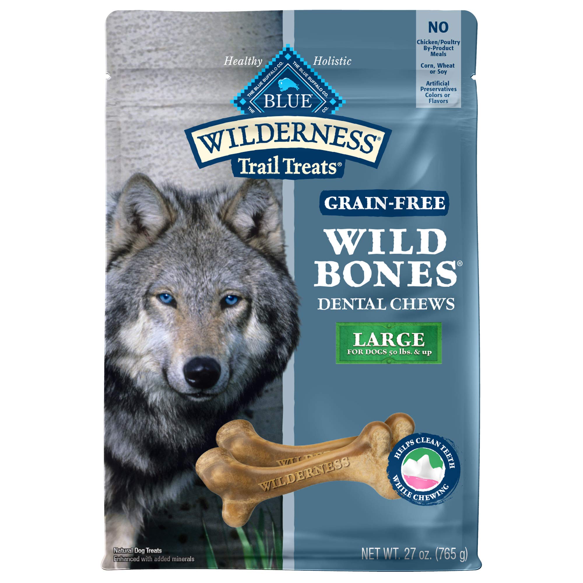 Blue Buffalo Wilderness Wild Bones Grain-Free Dental Chews Dog Treats, Large, 27-oz Bag
