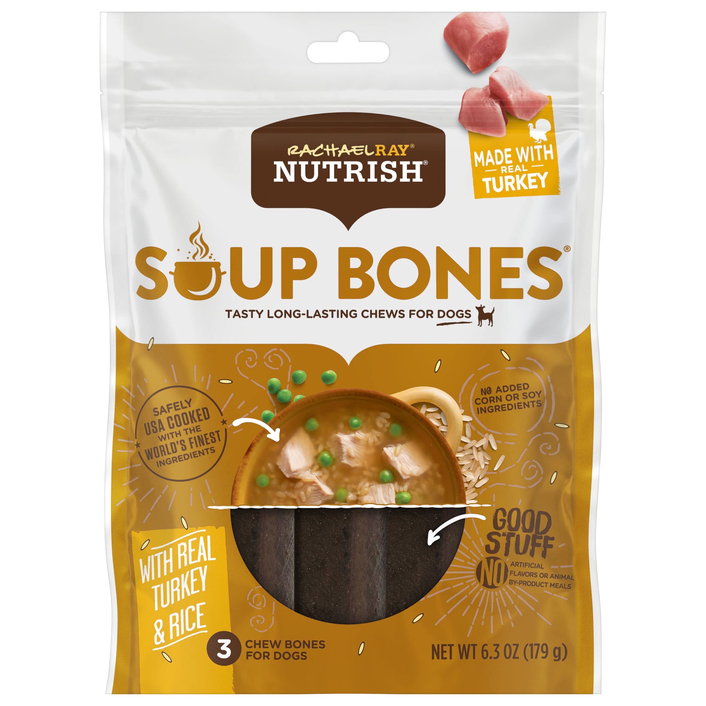 Rachael Ray Nutrish Soup Bones Dog Treats, Real Turkey & Rice Flavor, 3 Bones (Pack of 8)