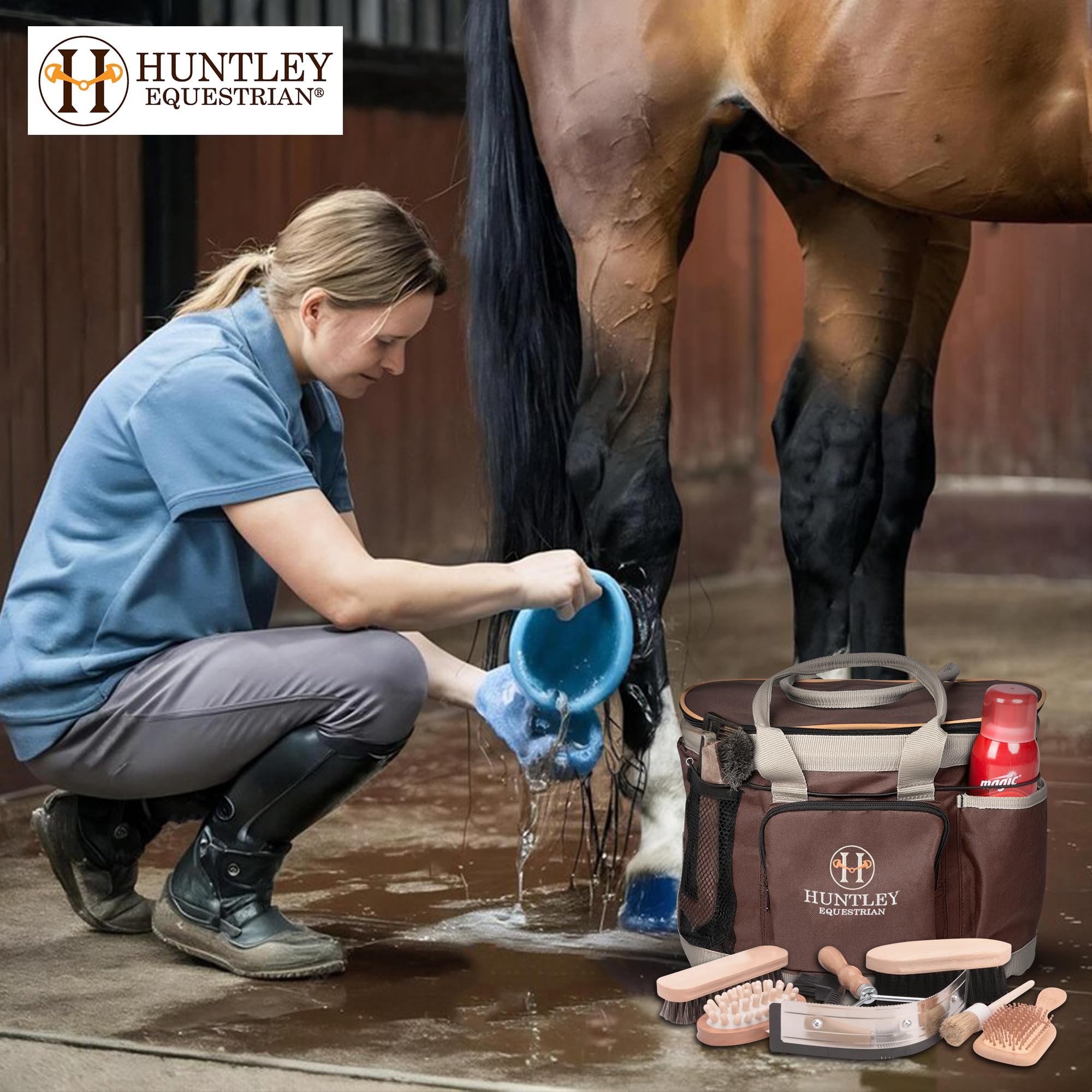 Huntley Equestrian Deluxe Grooming Bag Perfectly Designed Easy Access Multi Pocket Zipper Top Closure Double Handles Shoulder Strap Exterior Pockets - Brown