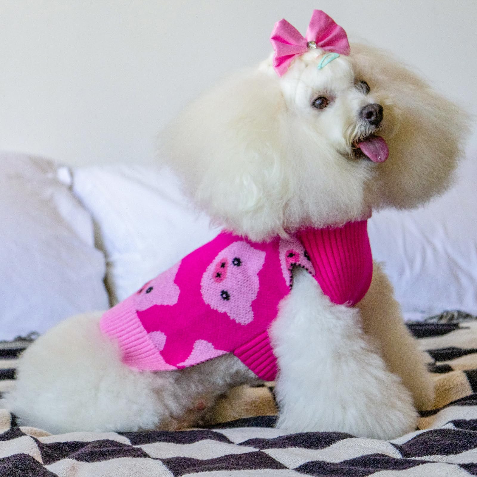 Cutebone Dog Sweater For Small Dogs Pink Pig Knit Puppy Sweater Turtleneck Pet Winter Clothes Cat Apparel With Harness Hole