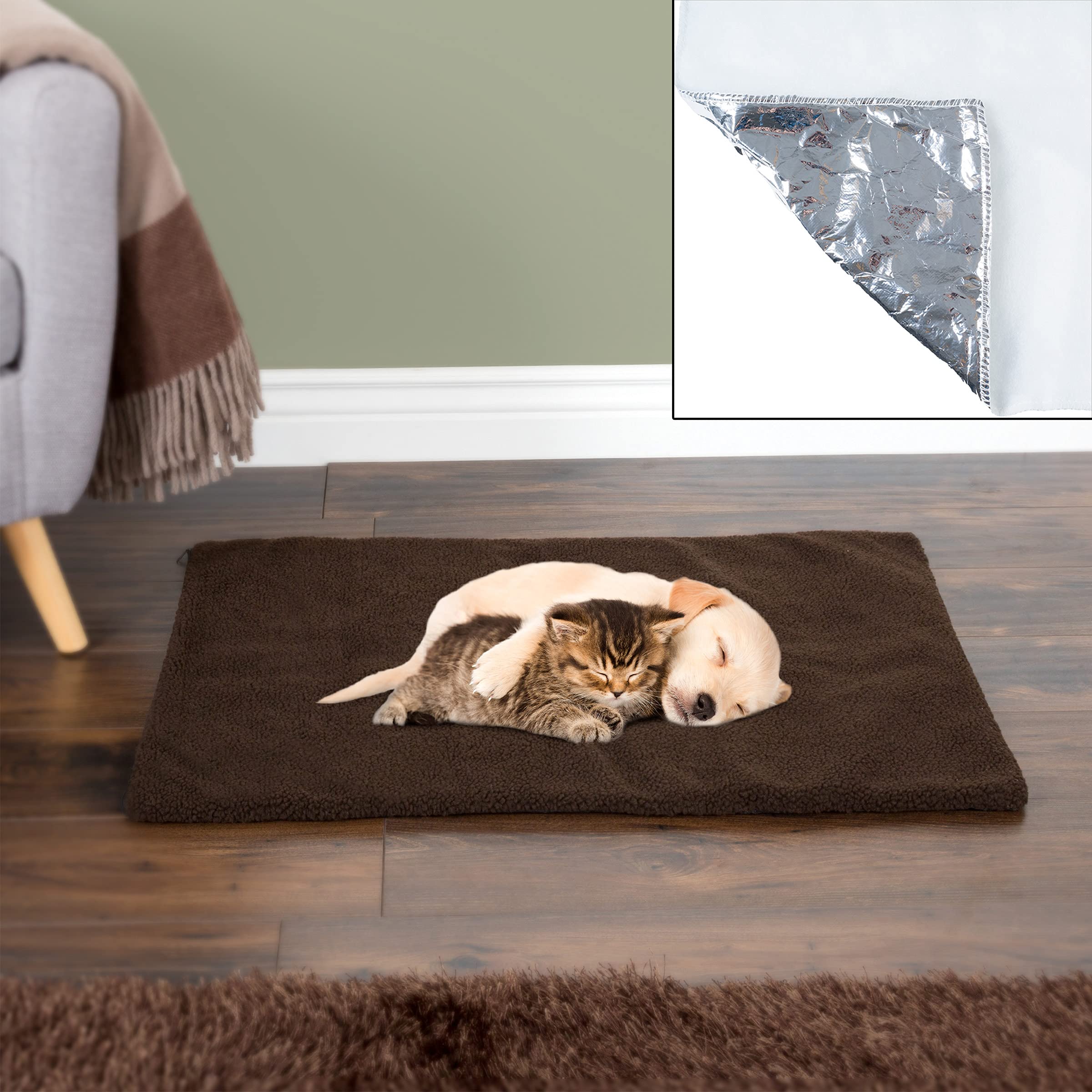 Self-Warming Cat Bed - 36X24 Thermal Pet Mat, Bed Liner, Or Self-Warming Crate Pad With Soft Sherpa Top For Dogs, Cats, Pets By Petmaker (Brown)