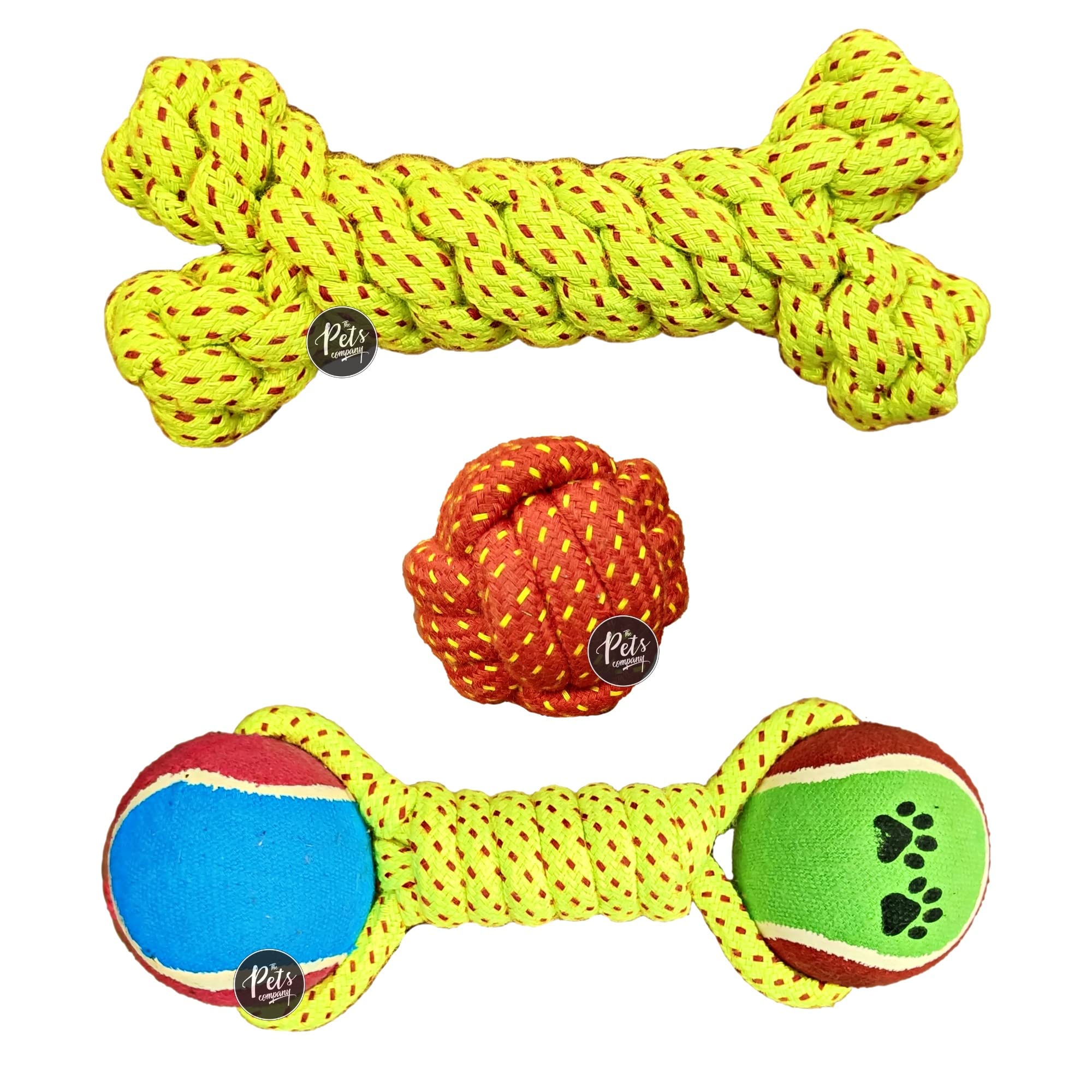 The Pets Company Dog Chew Toys For Puppy Teething & Training (Dog Ball + Rope Bone + Tennis Ball), Dog Rope Toy Combo Of 3 For S