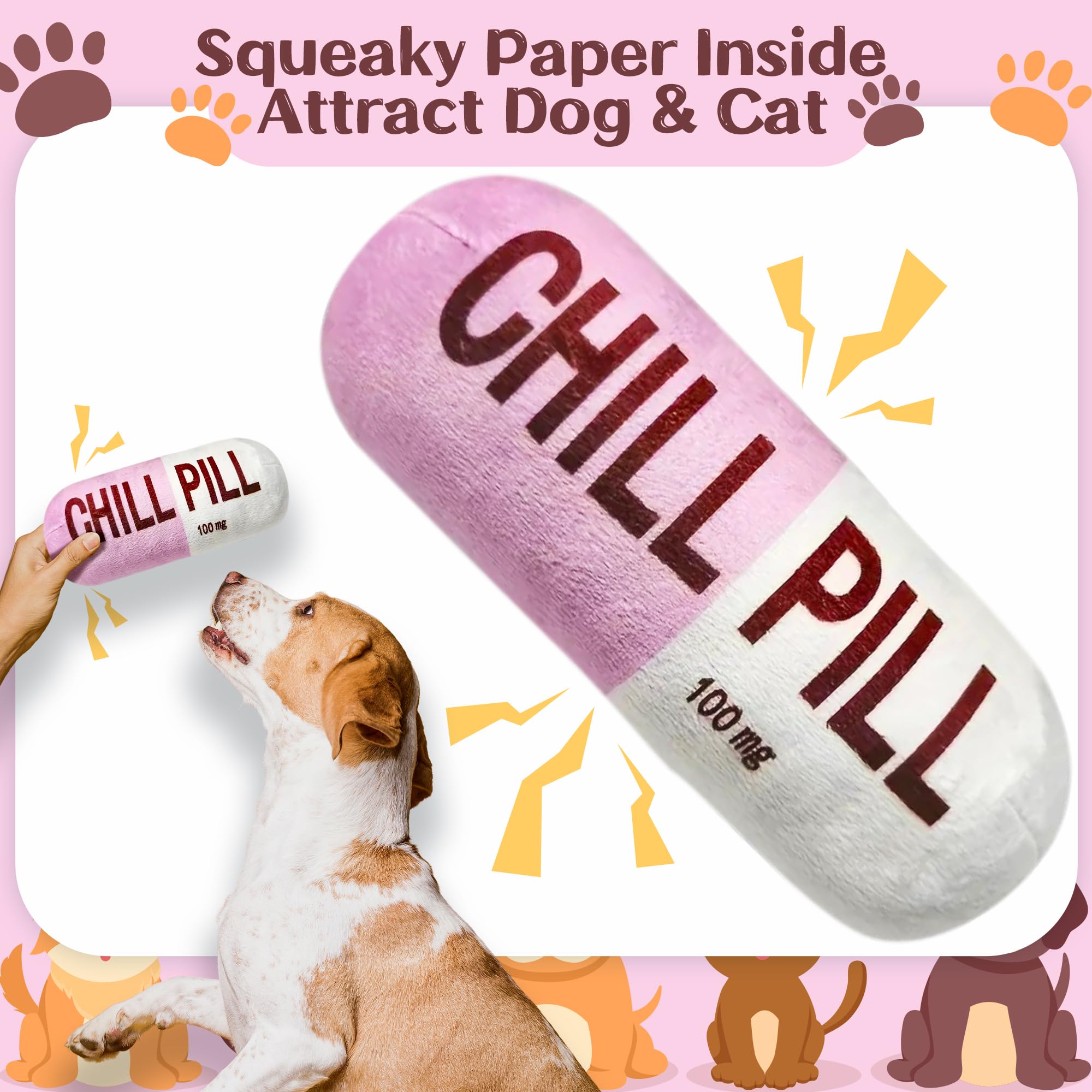 Cuweipeng Funny Dog Squeaky Toy - Pink Chill Pill Capsule Shaped Teething Squeak Plush Pet Toy Bite Kick Indoor Interactive Trai