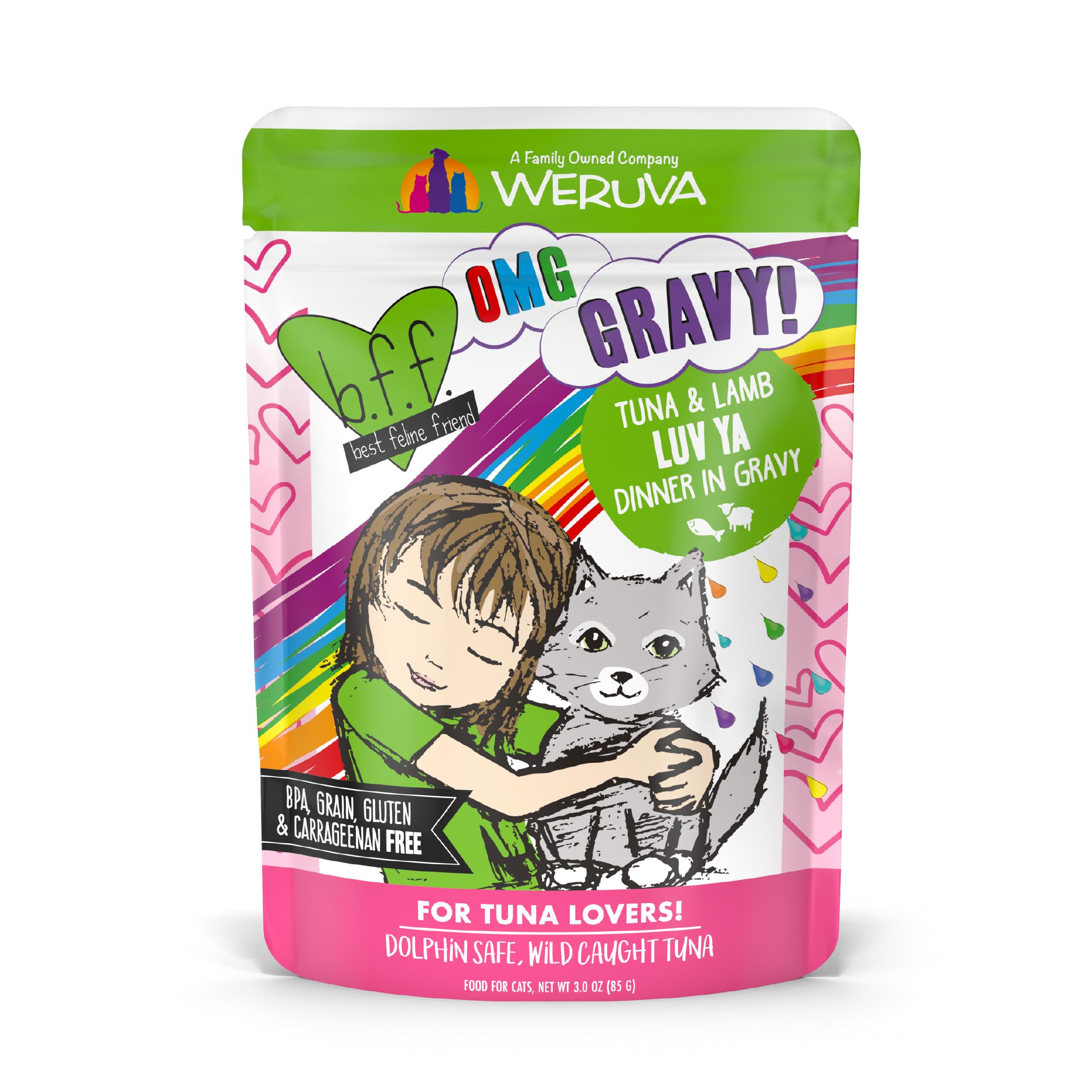Weruva B.F.F. OMG - Best Feline Friend Oh My Gravy!, Tuna & Lamb Luv Ya with Tuna & Lamb in Gravy Cat Food, 3oz Pouch (Pack of 1